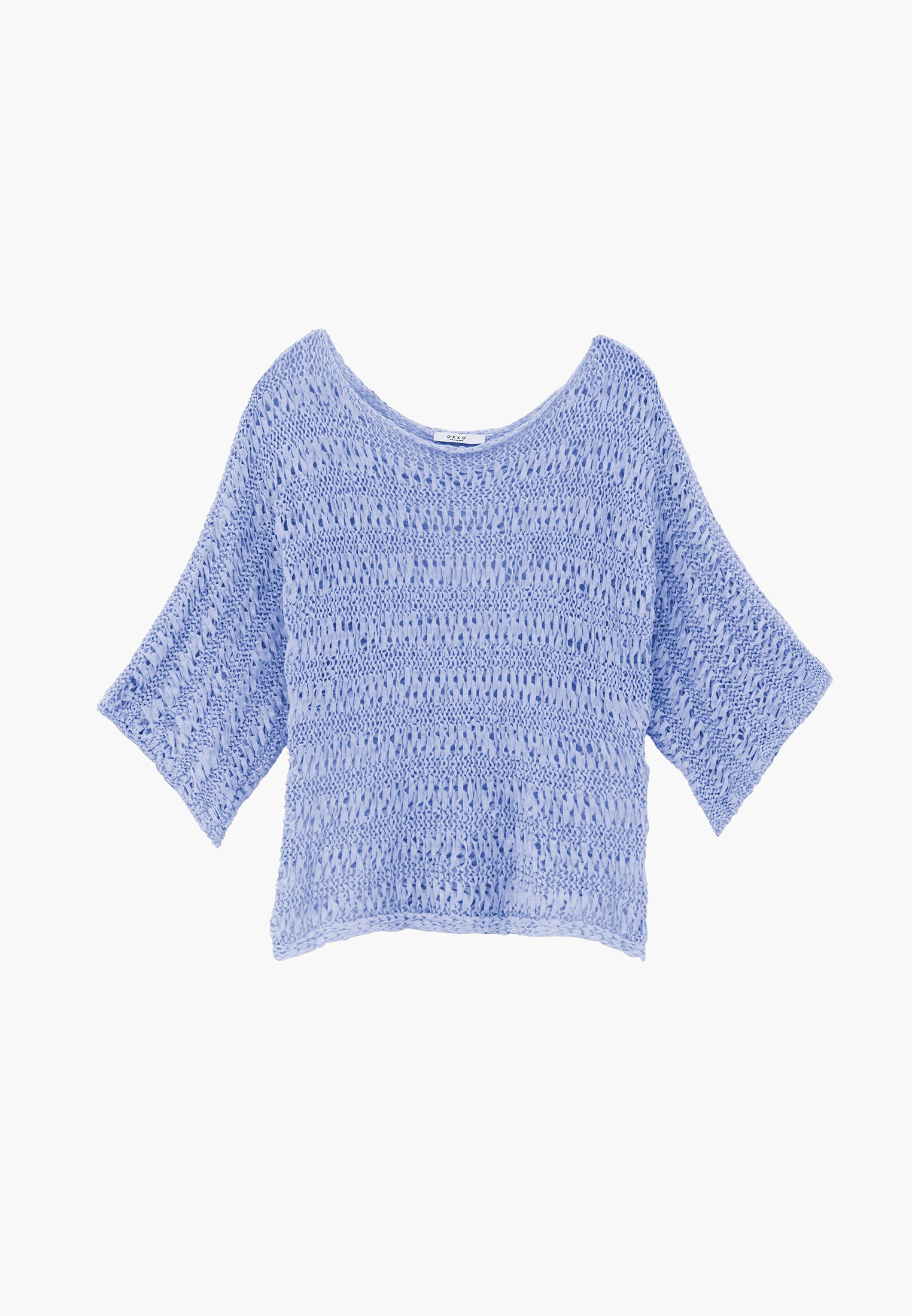 Openwork Batwing Sleeve Boat Neck Cropped Blouse - HALOGEN BLUE