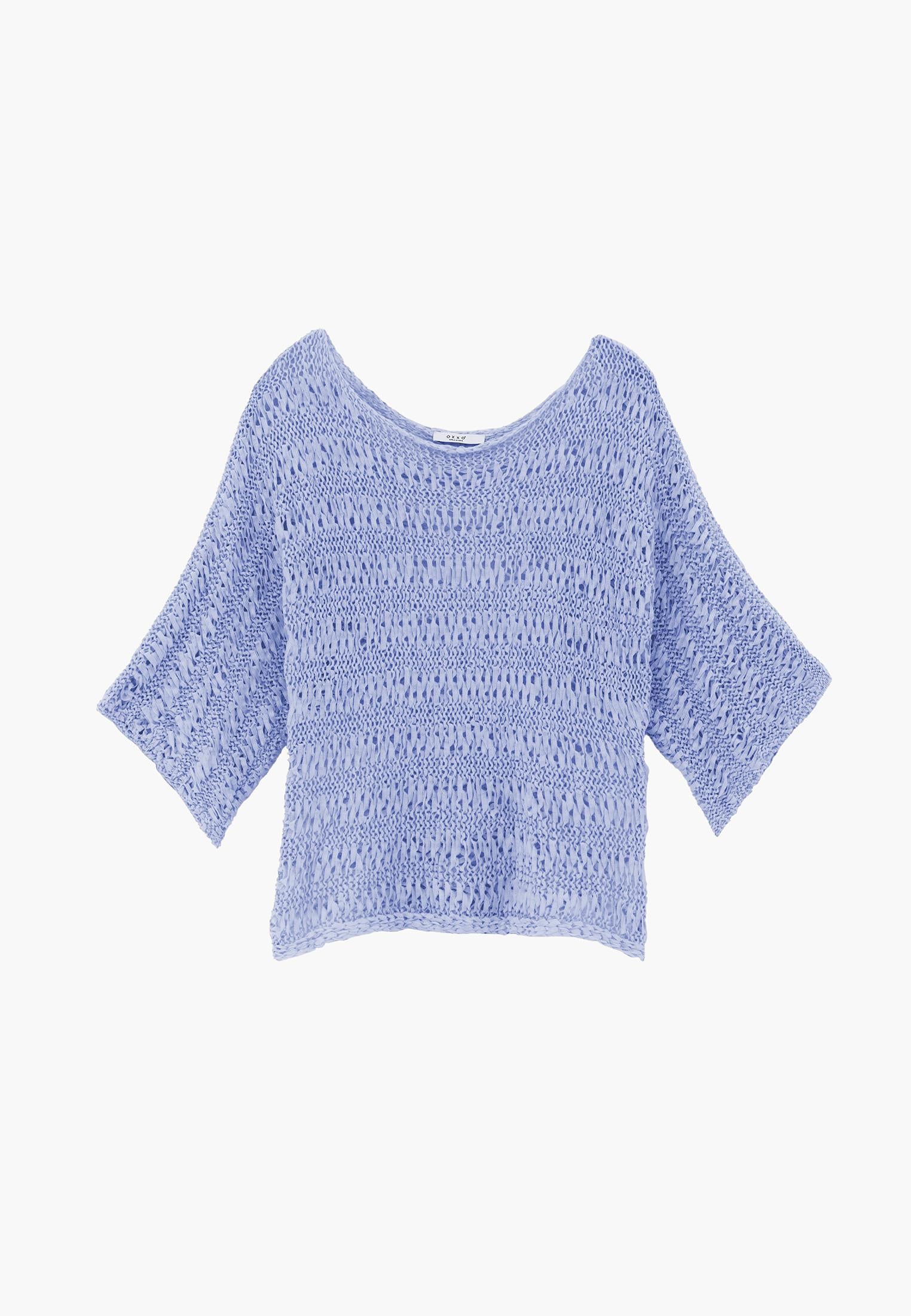 Openwork Batwing Sleeve Boat Neck Cropped Blouse - HALOGEN BLUE