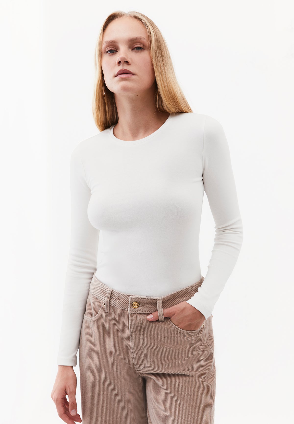 Crew Neck Long Sleeve T-Shirt - Cream