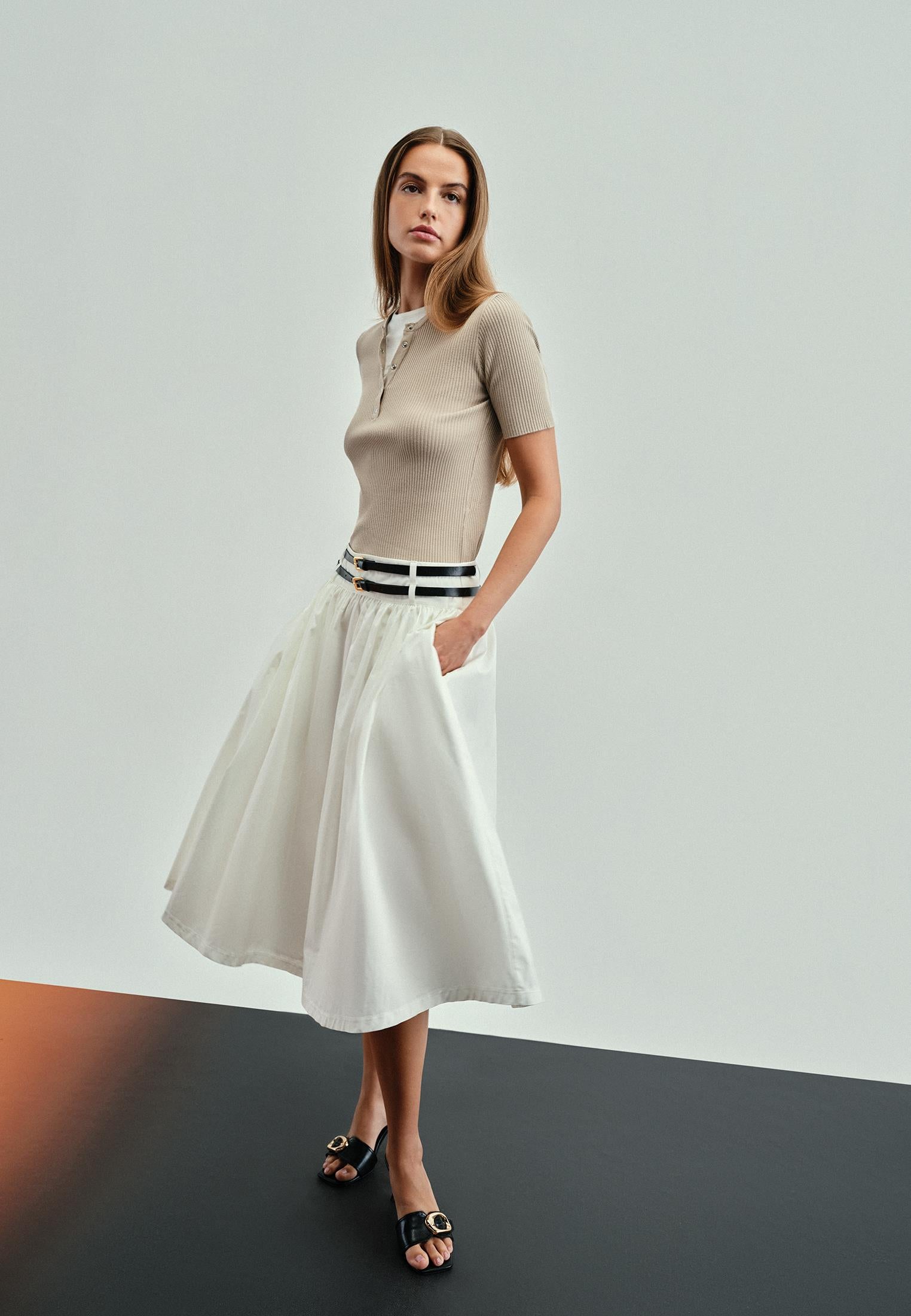 Belted Ultra High Waist Long Skirt - ICE MILK