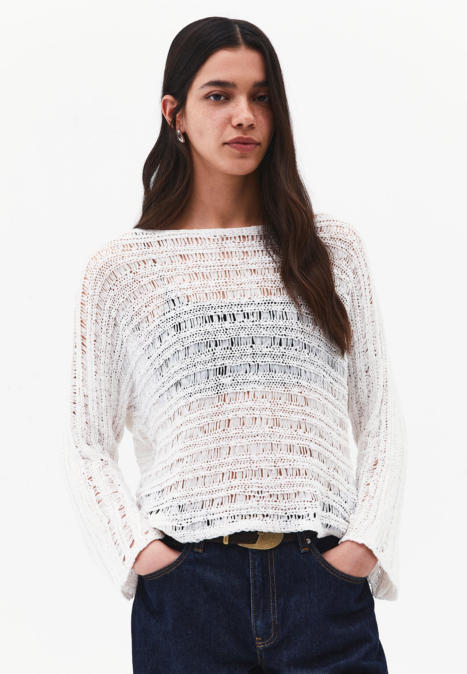 Ajour Standard Boat Neck Knit Sweater - ICE MILK