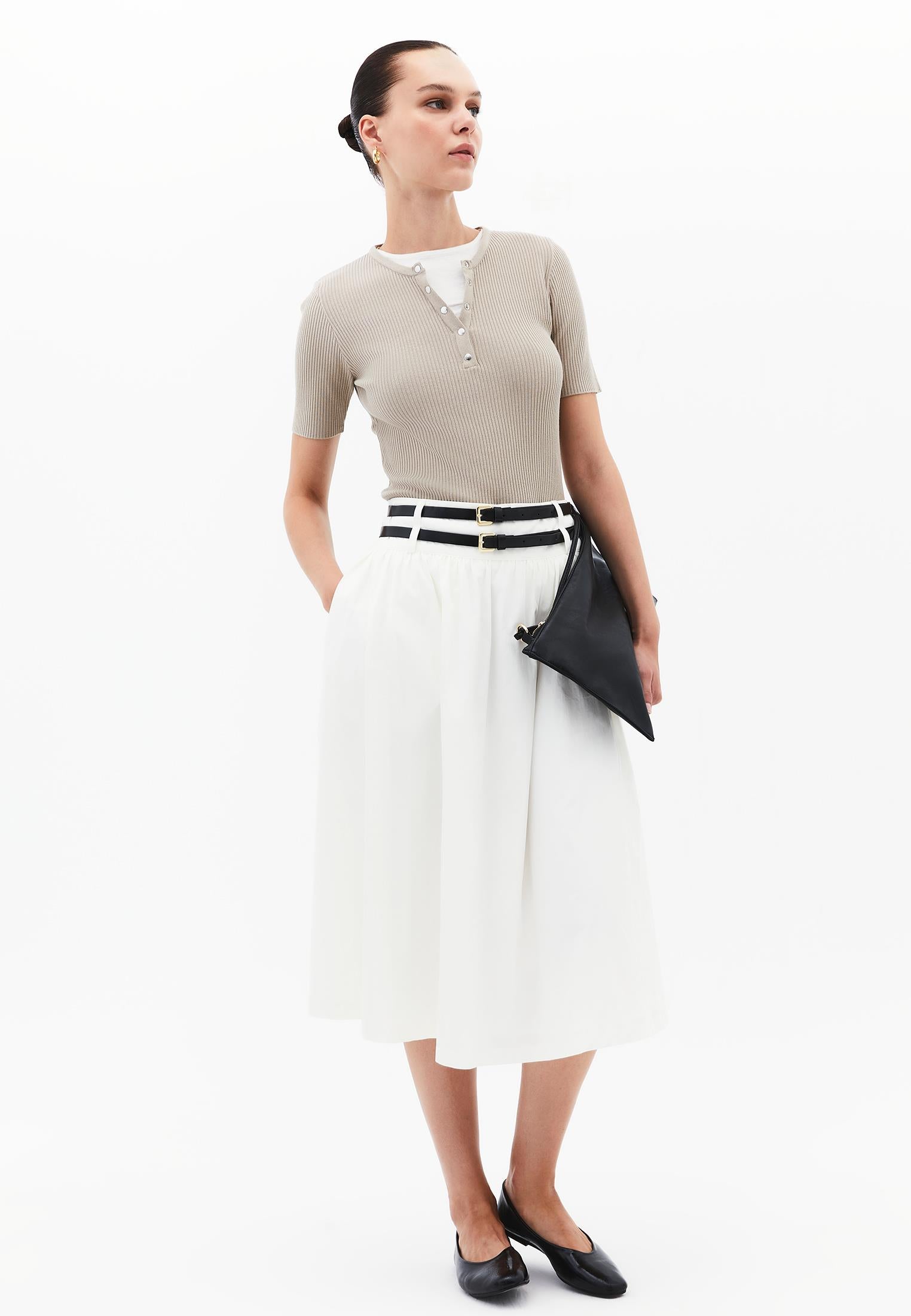 Belted Ultra High Waist Long Skirt - ICE MILK