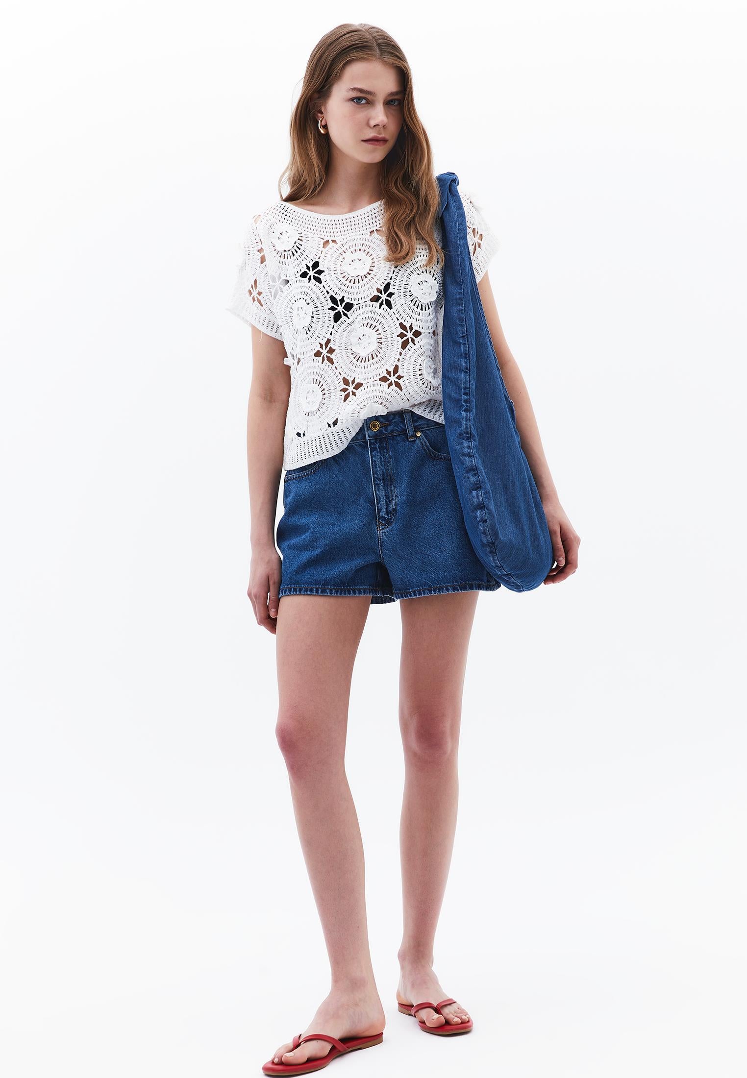 Ajour Cropped Blouse - ICE MILK