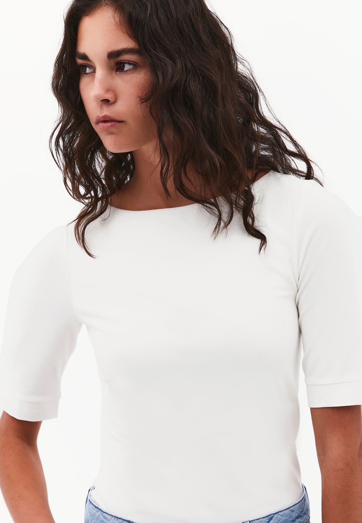 Boat Neck Half Sleeve Bodycon T-Shirt - Cream