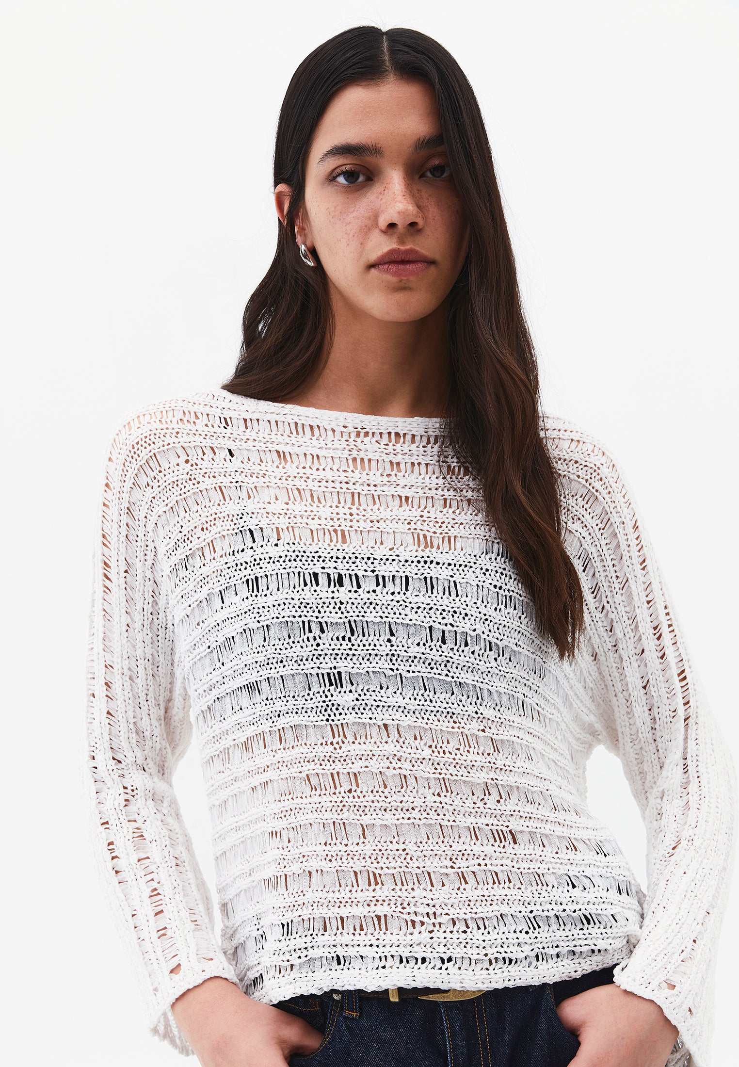 Ajour Standard Boat Neck Knit Sweater - ICE MILK
