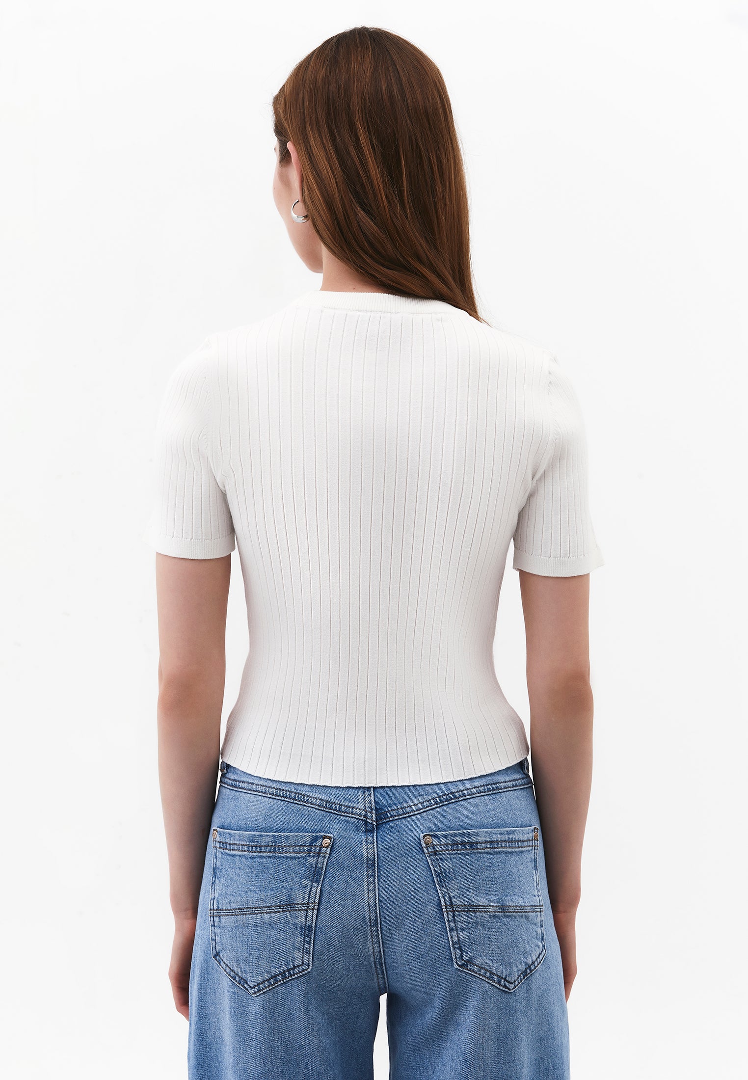 Ribbed Crew Neck Short Sleeve Sweater - ICE MILK