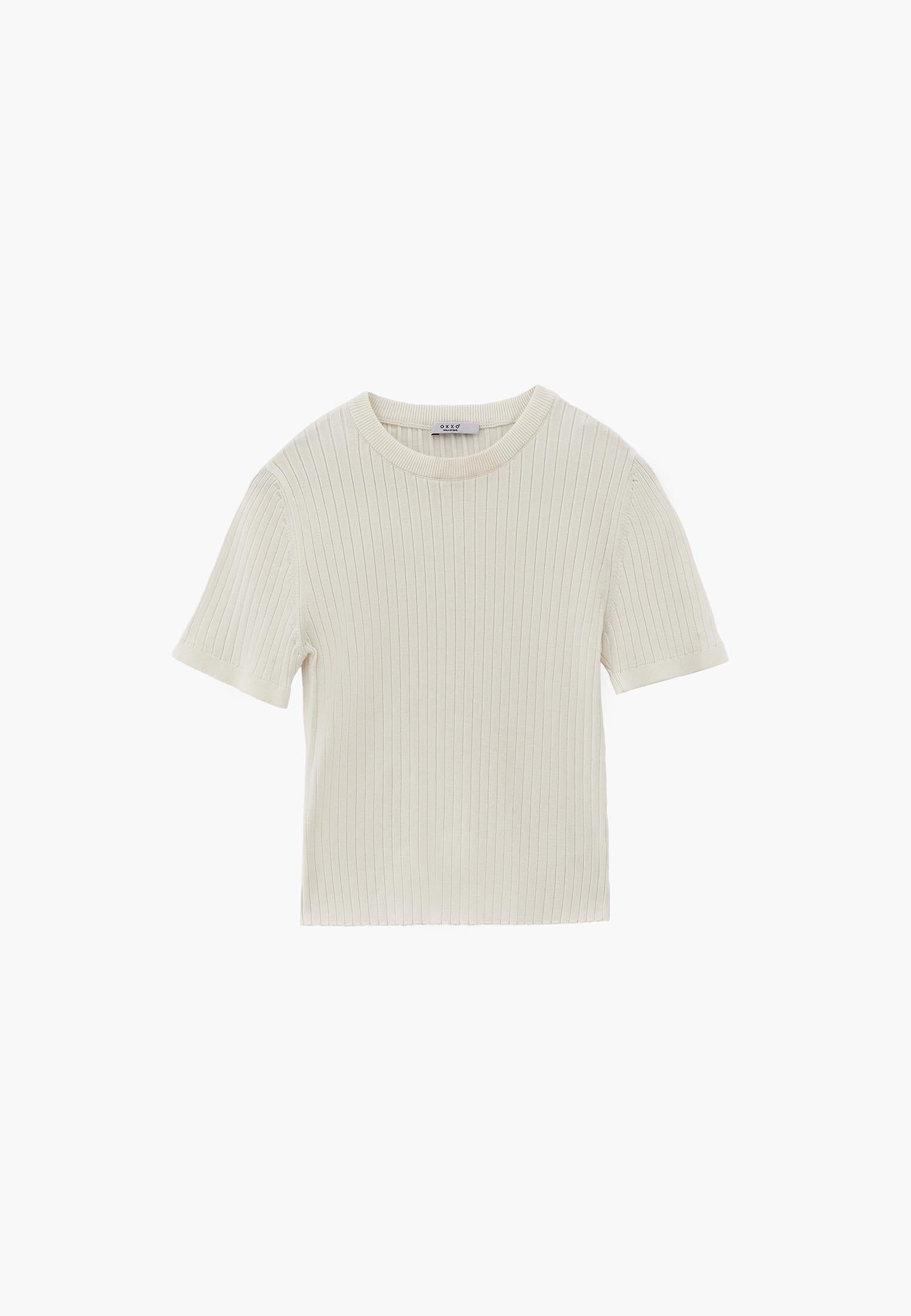 Ribbed Crew Neck Short Sleeve Sweater - ICE MILK