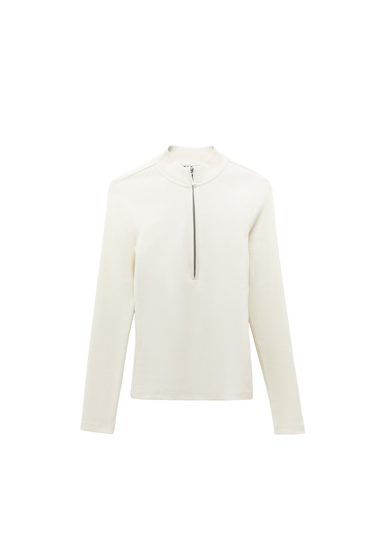 High Neck T-Shirt With Zipper Detail - Cream
