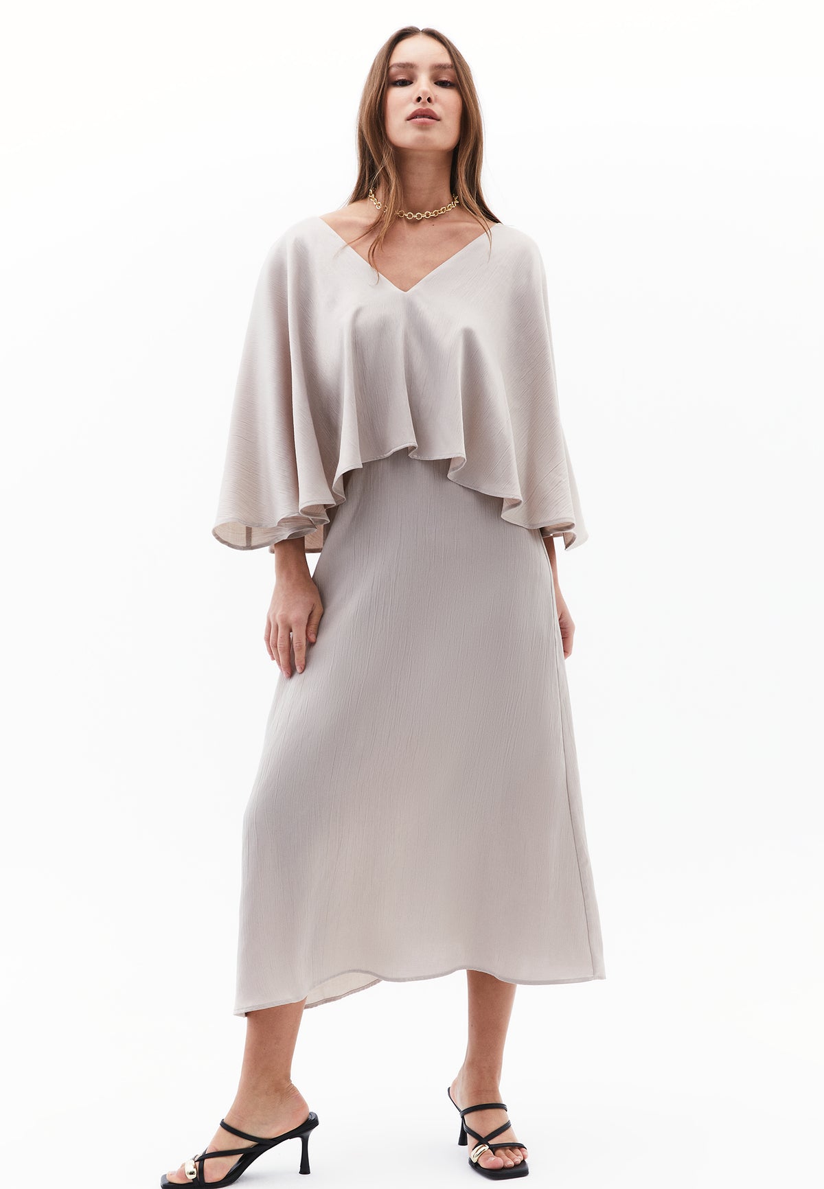 V Neck Long Dress - Beige