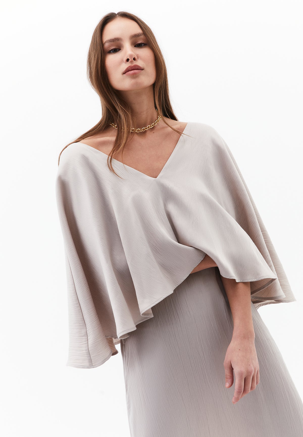 V Neck Long Dress - Beige