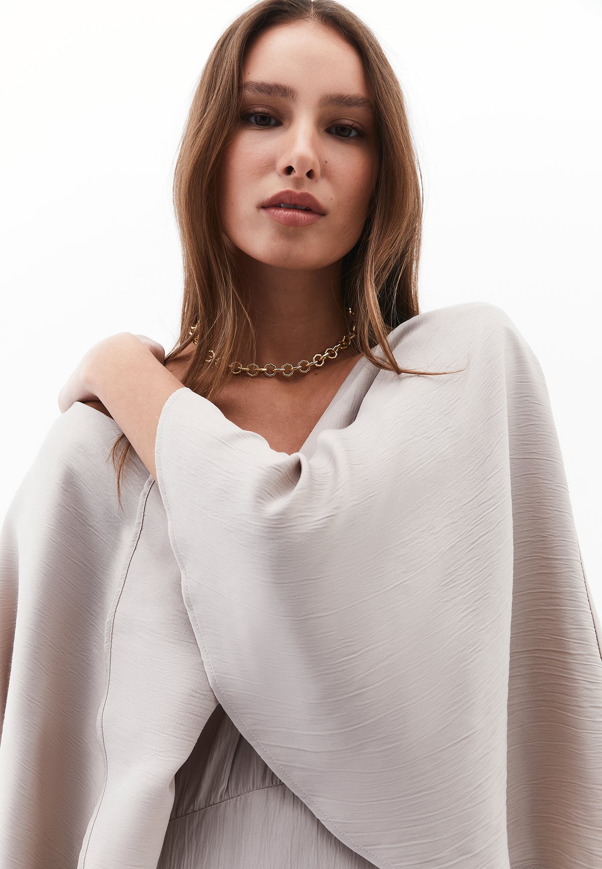 V Neck Long Dress - Beige