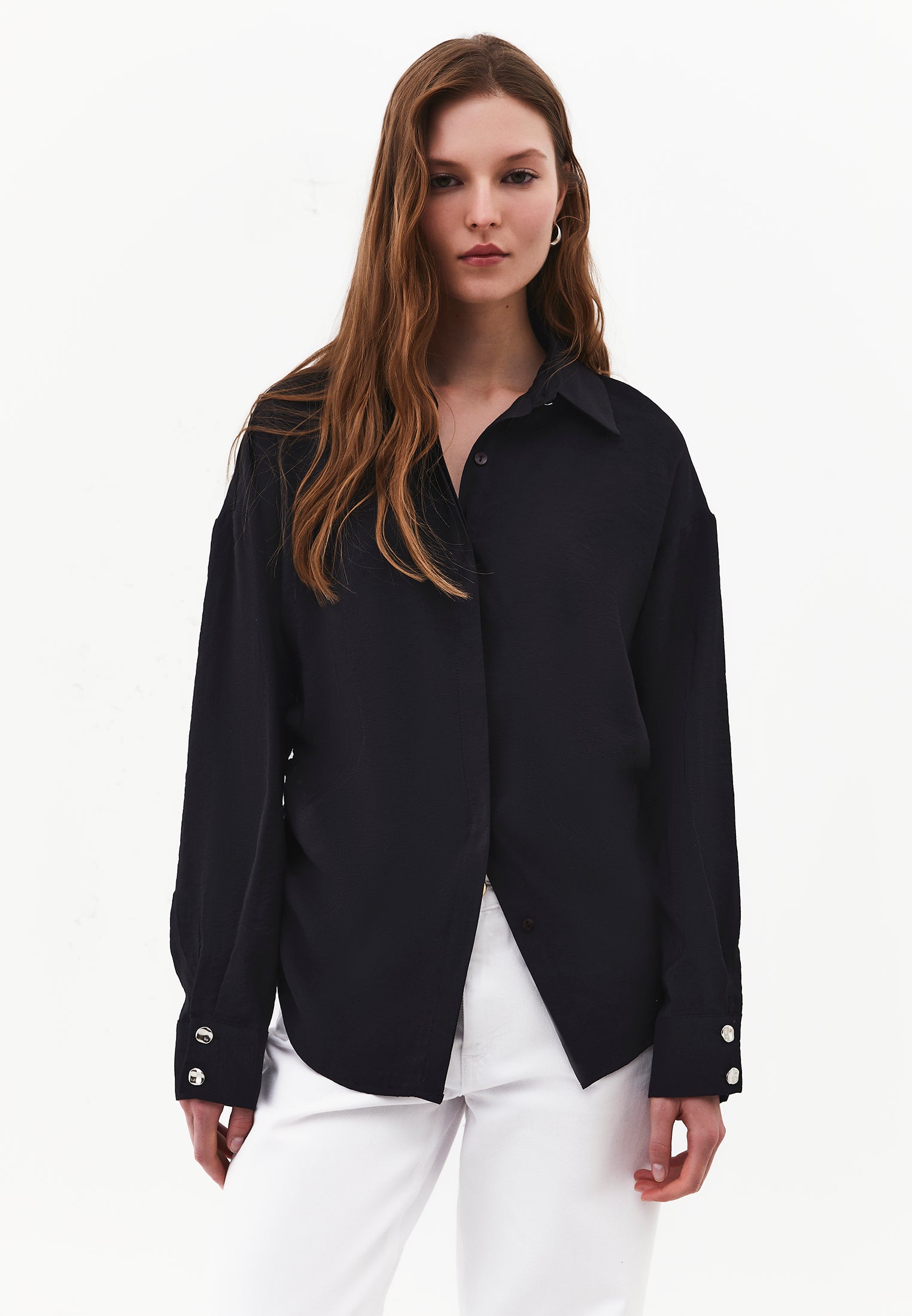 Oversize Long Sleeve Shirt with Ruching and Buttons - JET BLACK