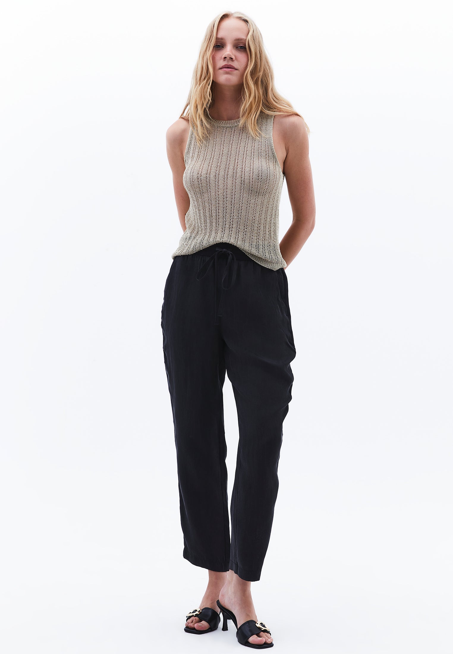 Tencel tie waist pants - JET BLACK