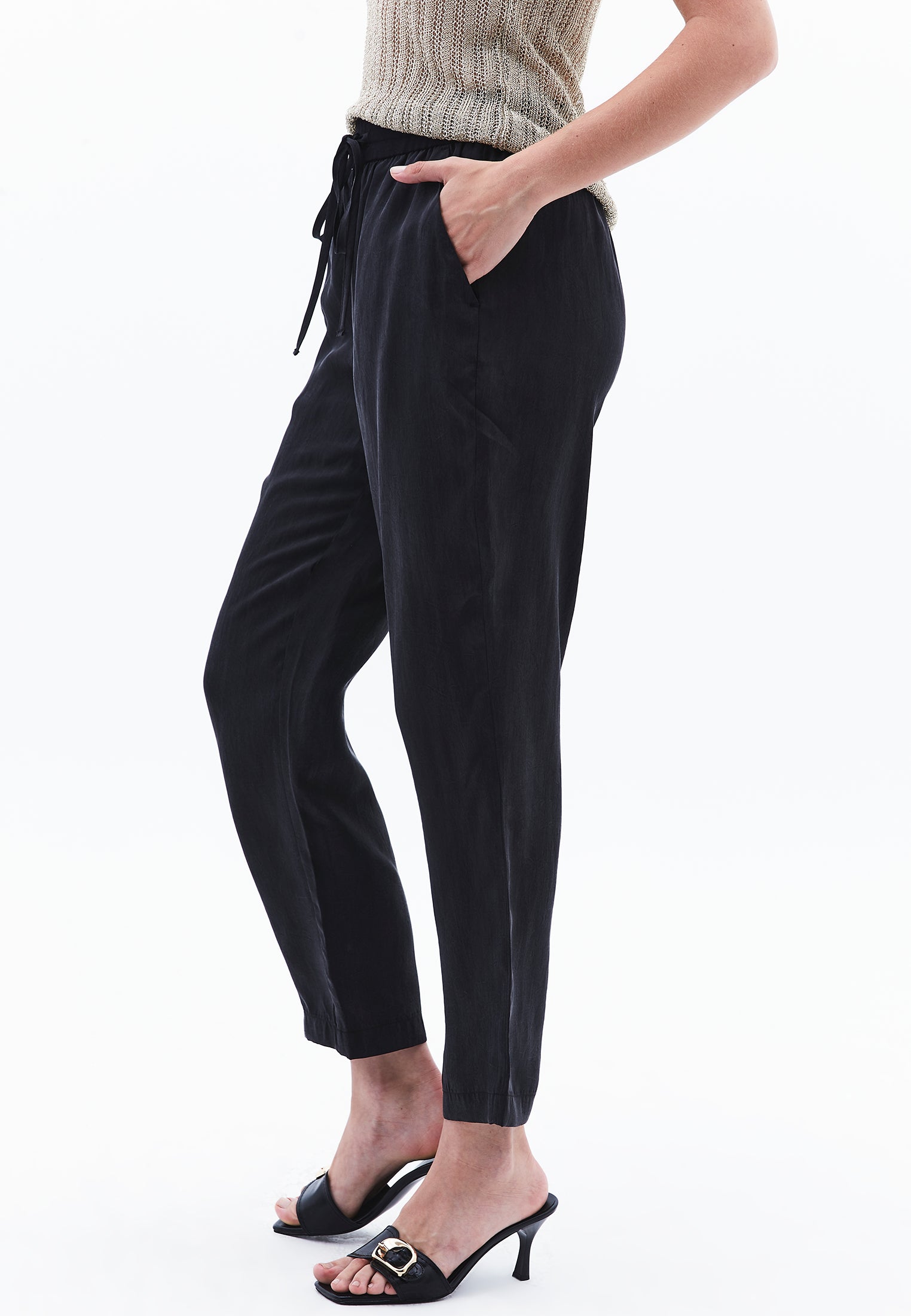 Tencel tie waist pants - JET BLACK