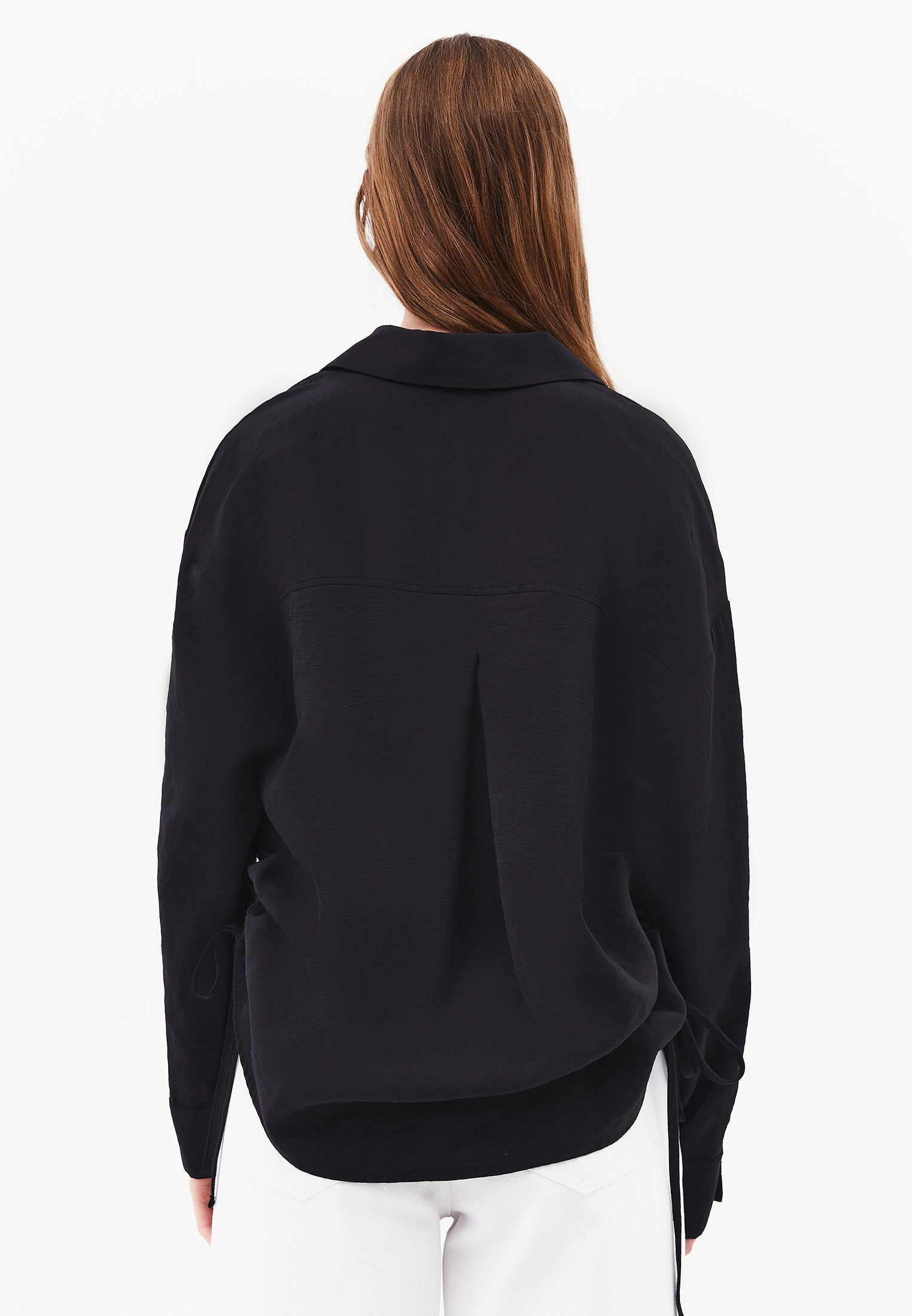 Oversize Long Sleeve Shirt with Ruching and Buttons - JET BLACK