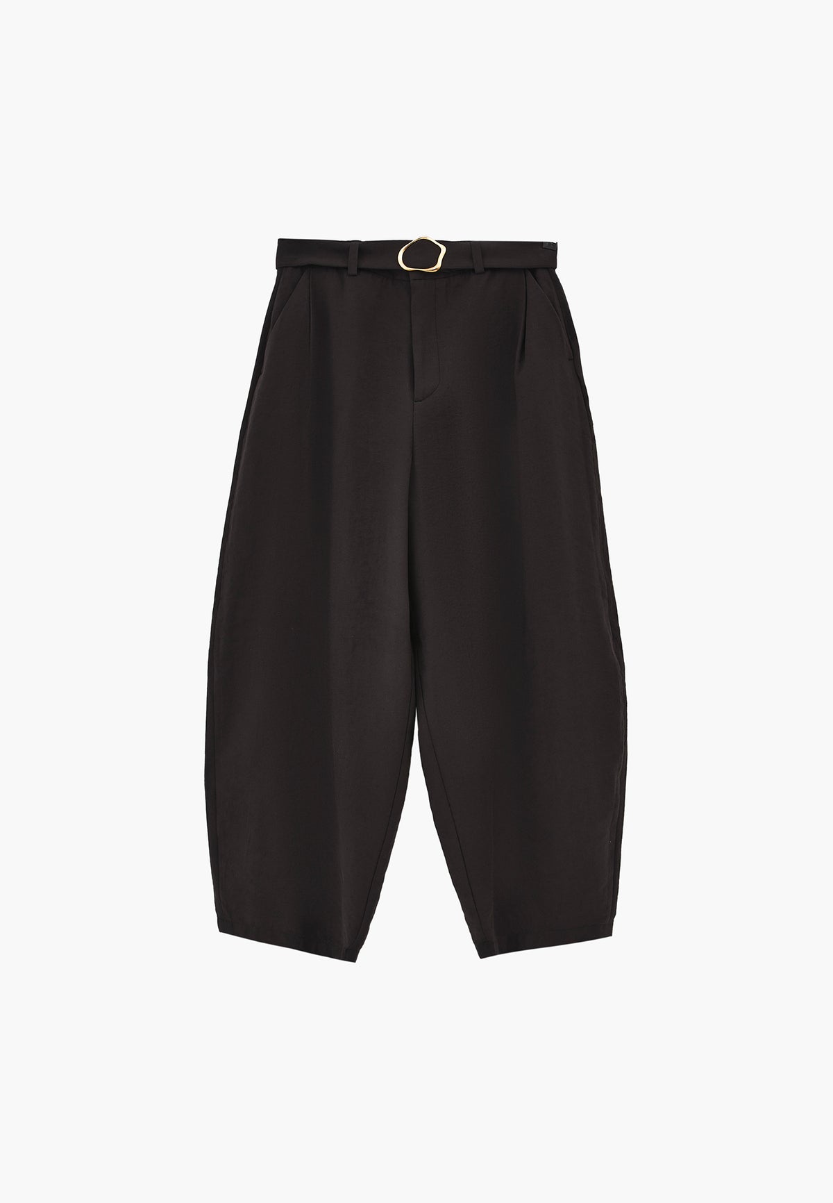 High Waist Barrel Leg Trousers with Belt Detail - JET BLACK