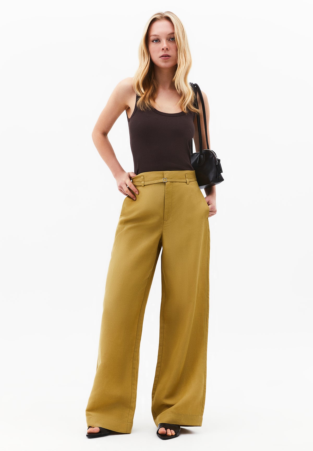 High Waist Belted Straight Leg Trousers - KHAKI