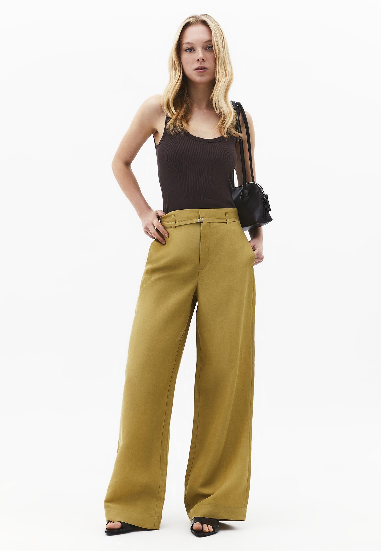High Waist Belted Straight Leg Trousers - KHAKI