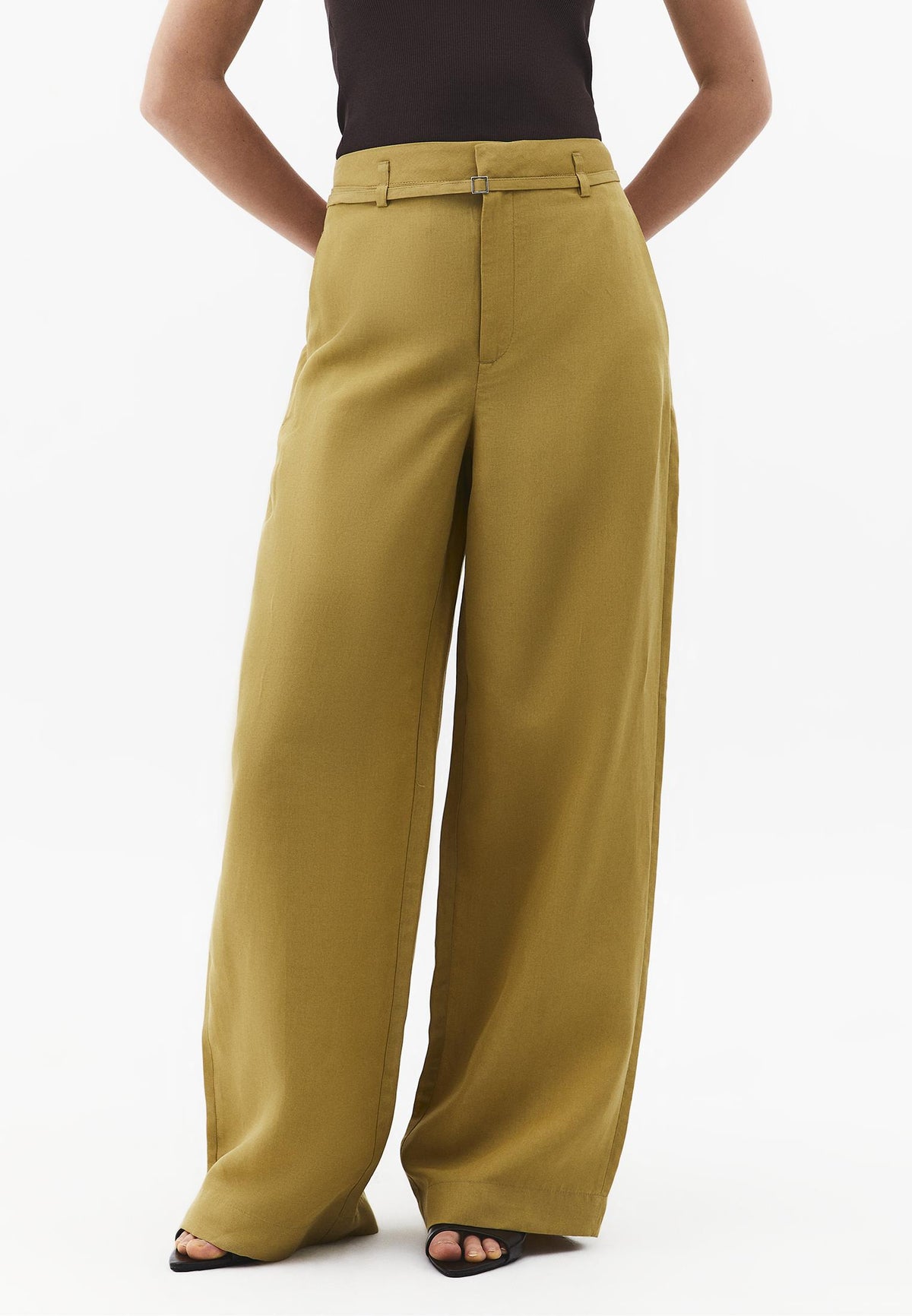 High Waist Belted Straight Leg Trousers - KHAKI