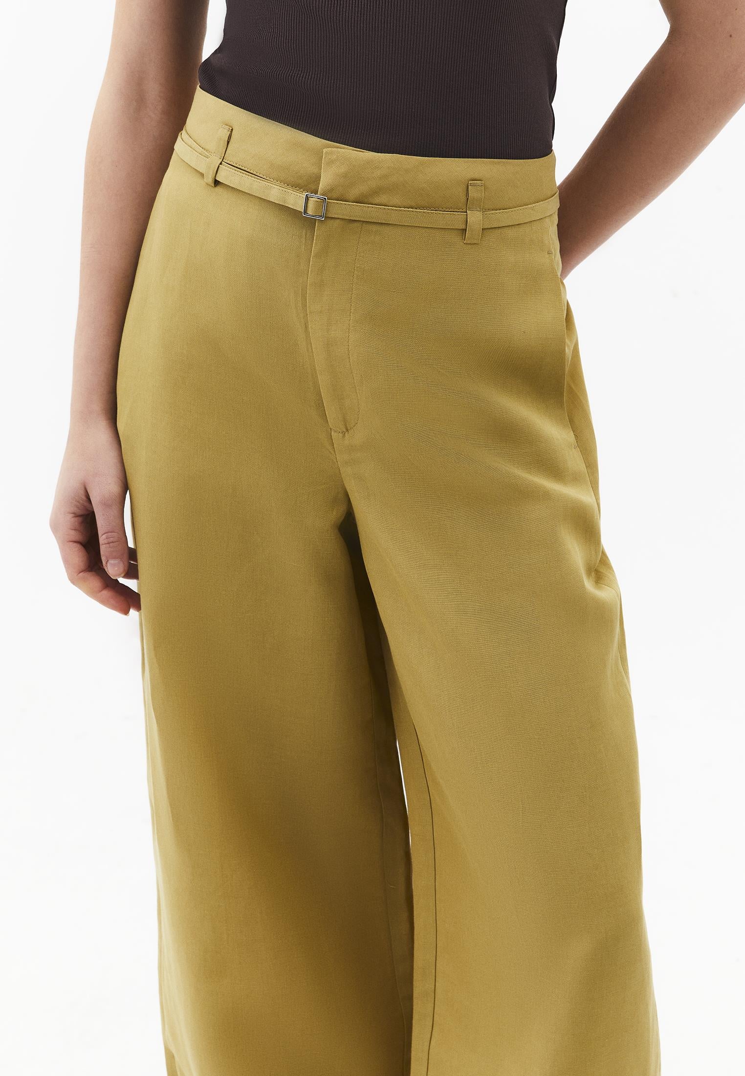 High Waist Belted Straight Leg Trousers - KHAKI