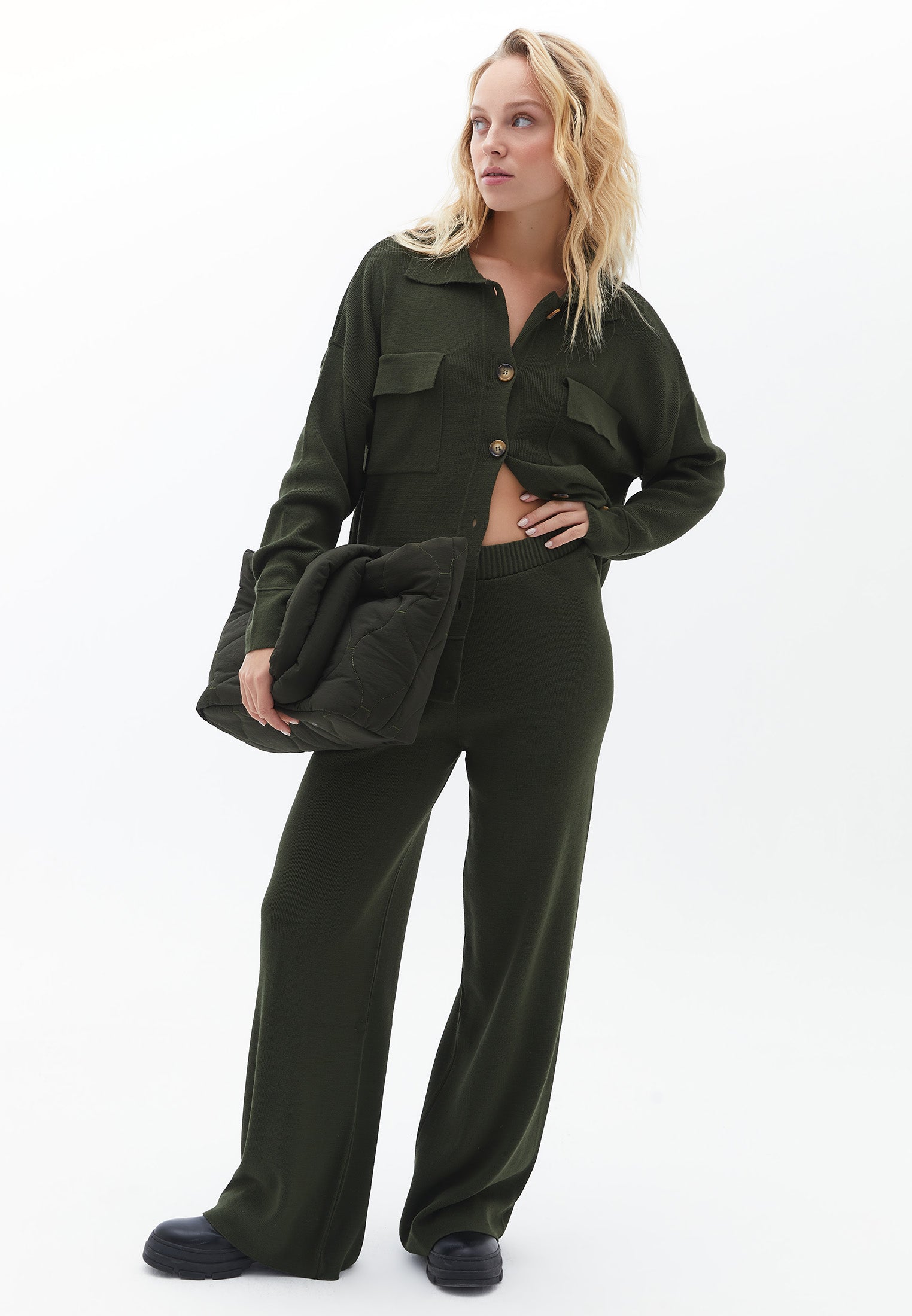 Polo collar jacquard cardigan - KOMBU GREEN