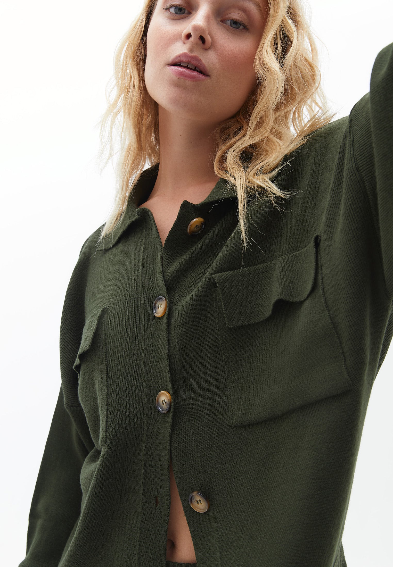 Polo collar jacquard cardigan - KOMBU GREEN