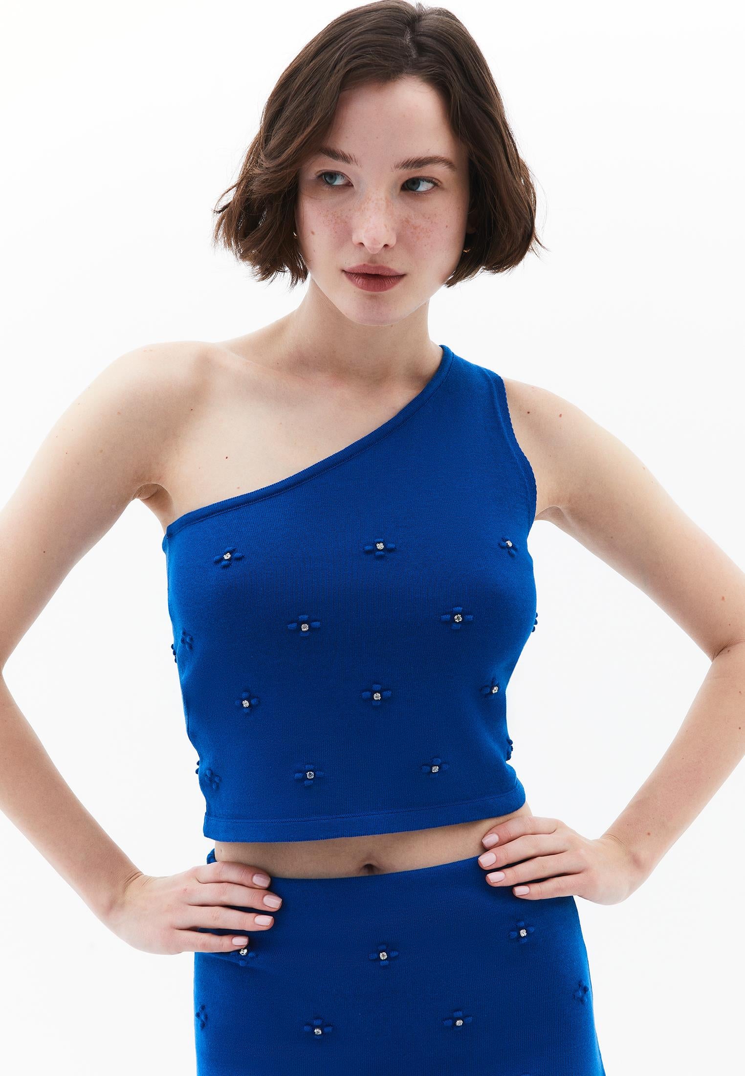 Asymmetric Neckline Stone Detailed Tank Top - LAPIS BLUE