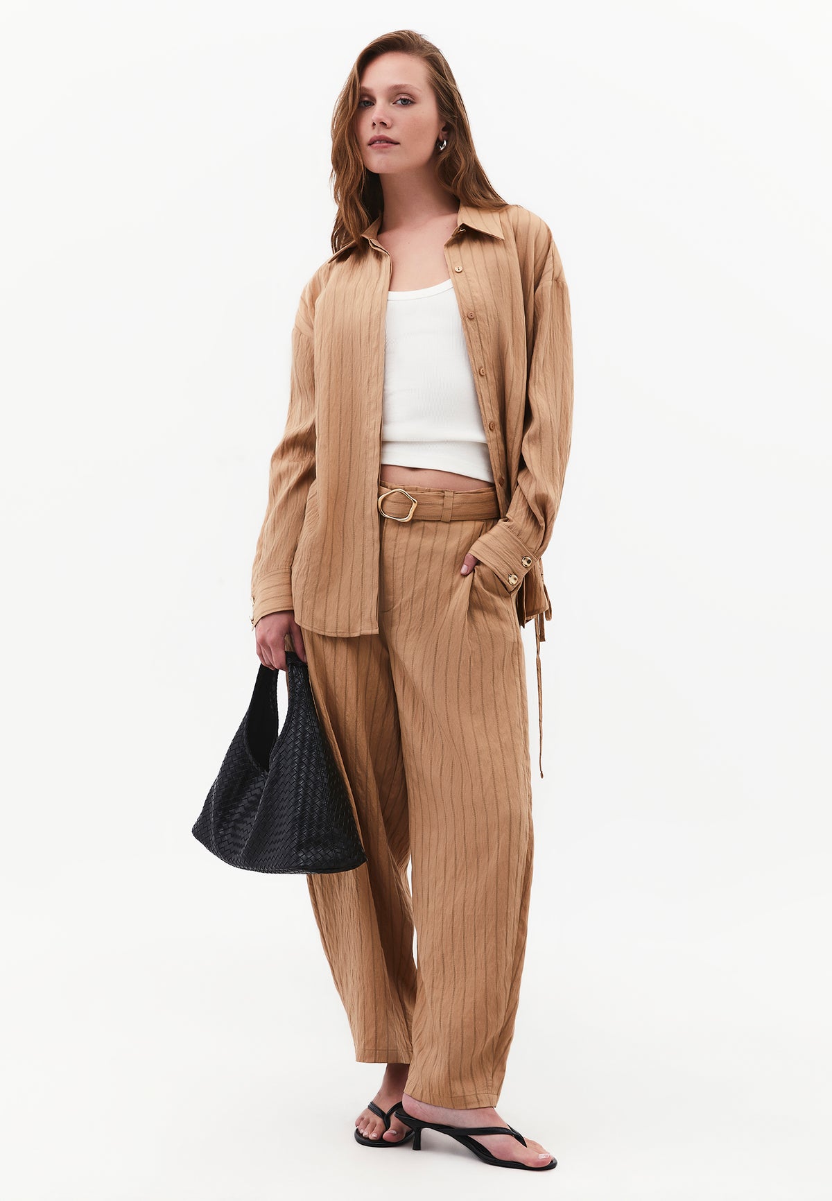 High Waist Belted Striped Barrel Leg Pants - LARK STRIPE