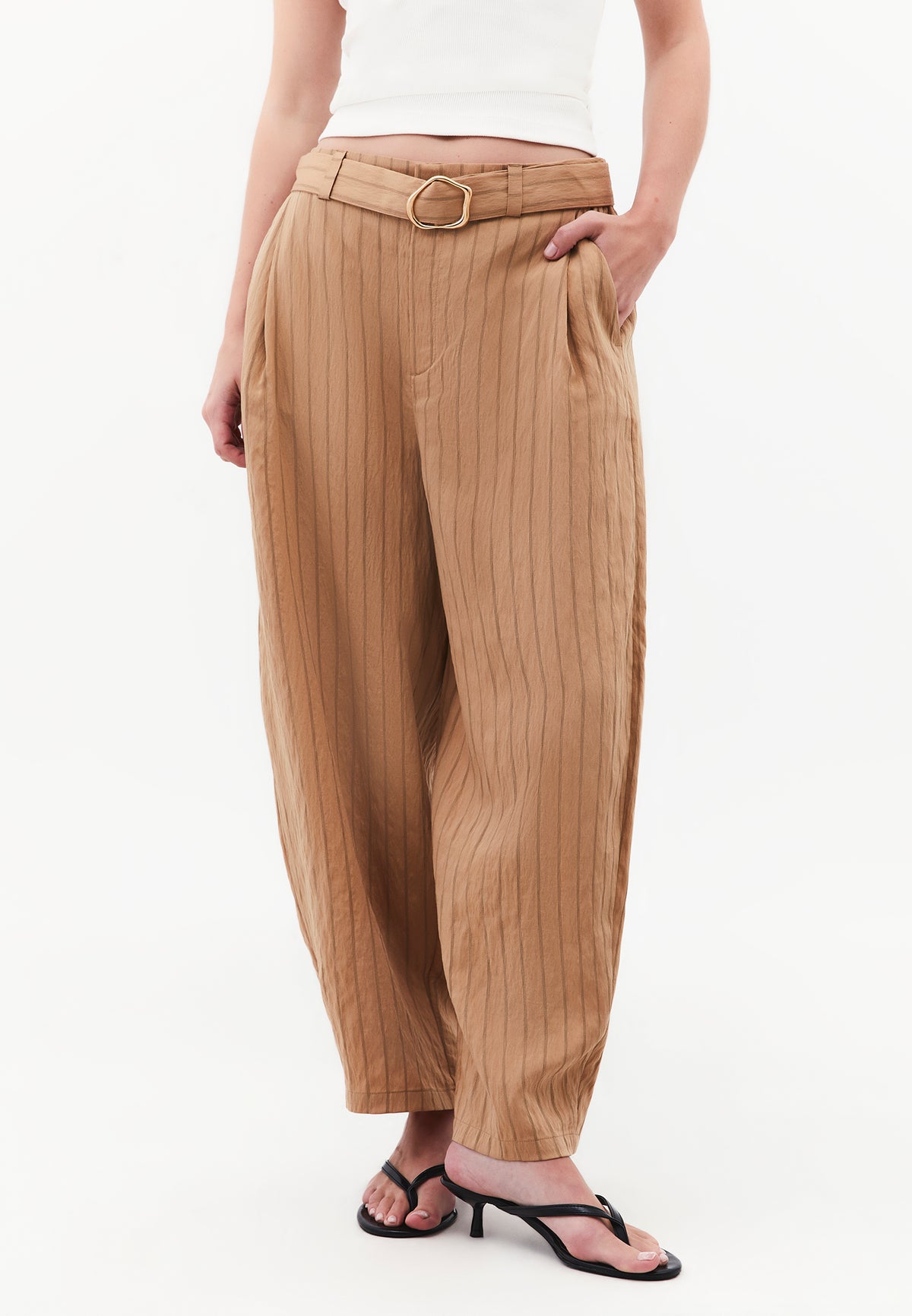 High Waist Belted Striped Barrel Leg Pants - LARK STRIPE