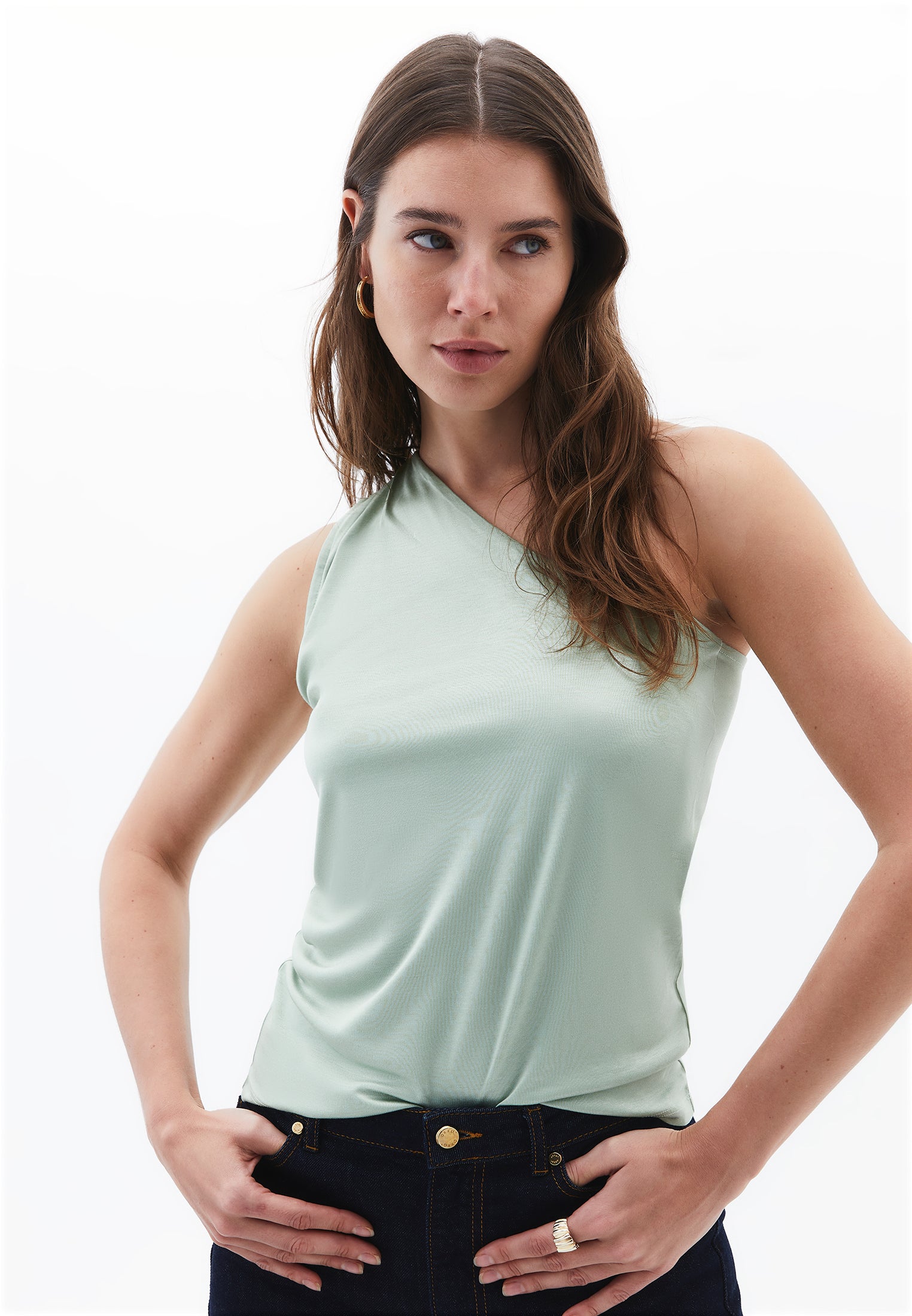 Pleated One Shoulder Blouse - LAUREL GREEN
