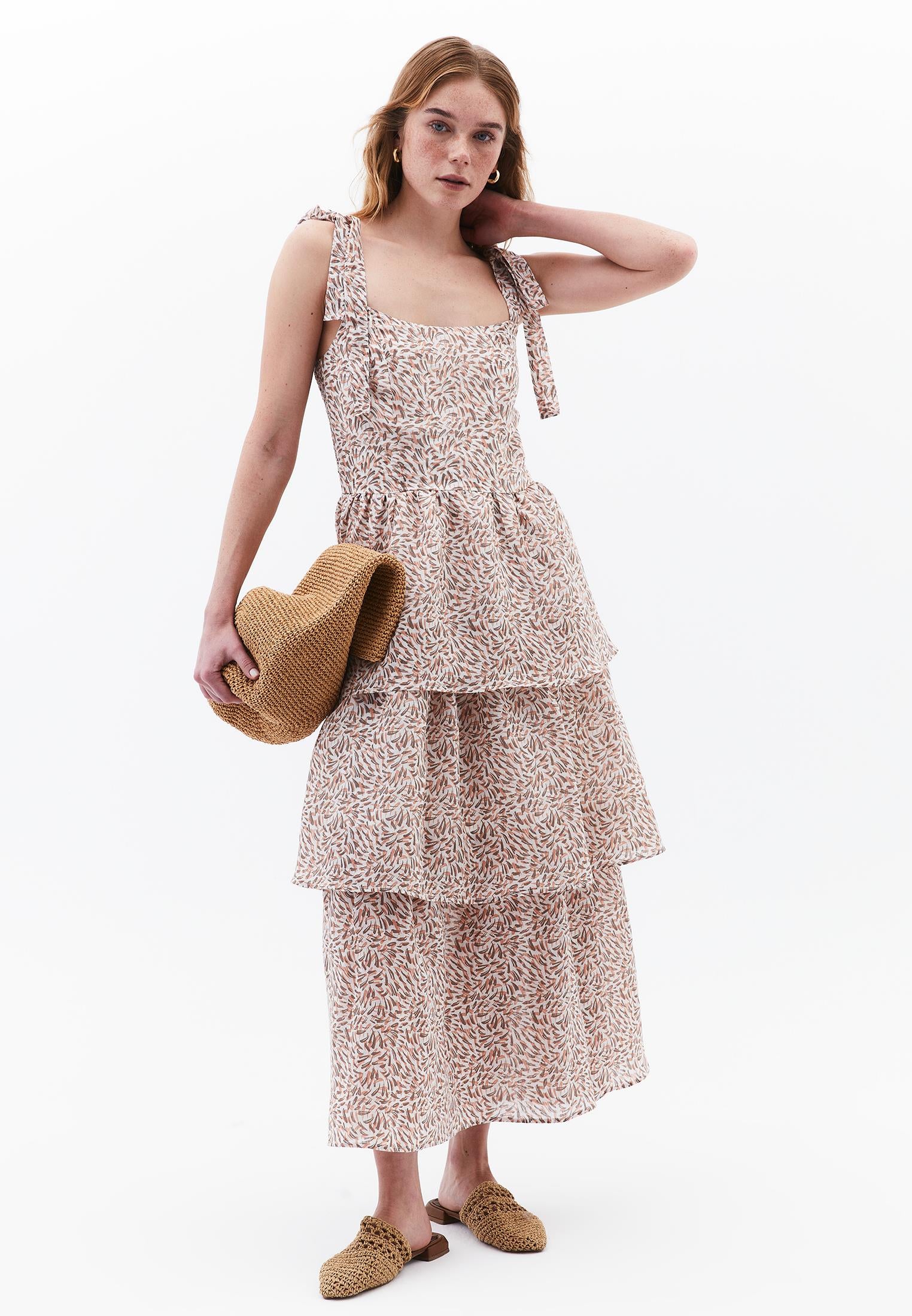 Long Dress With Wide Neck And Smocked Detail - LEAVES COMB