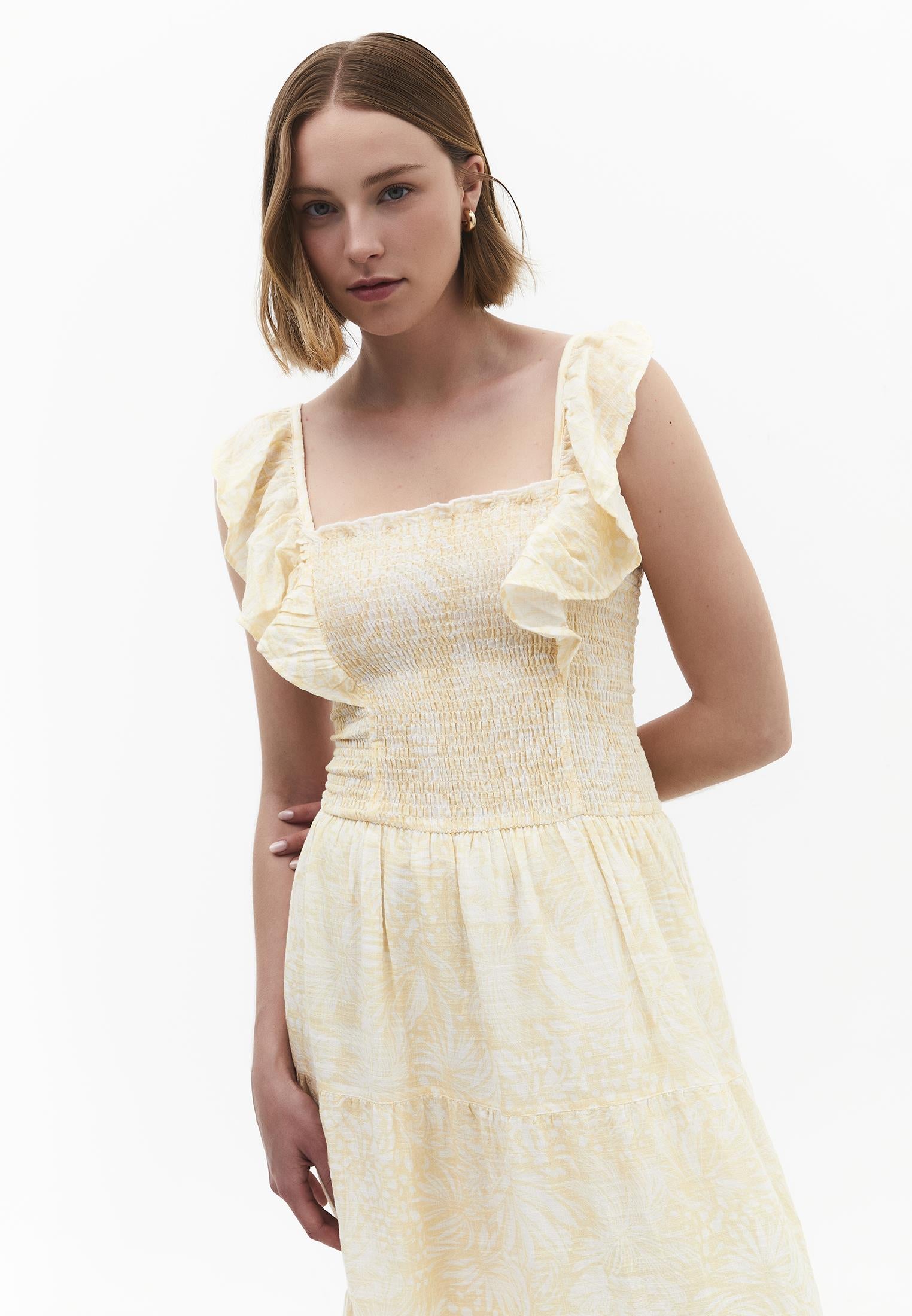 Long Dress With Butterfly Sleeves And Square Neckline - LEAVES COMB