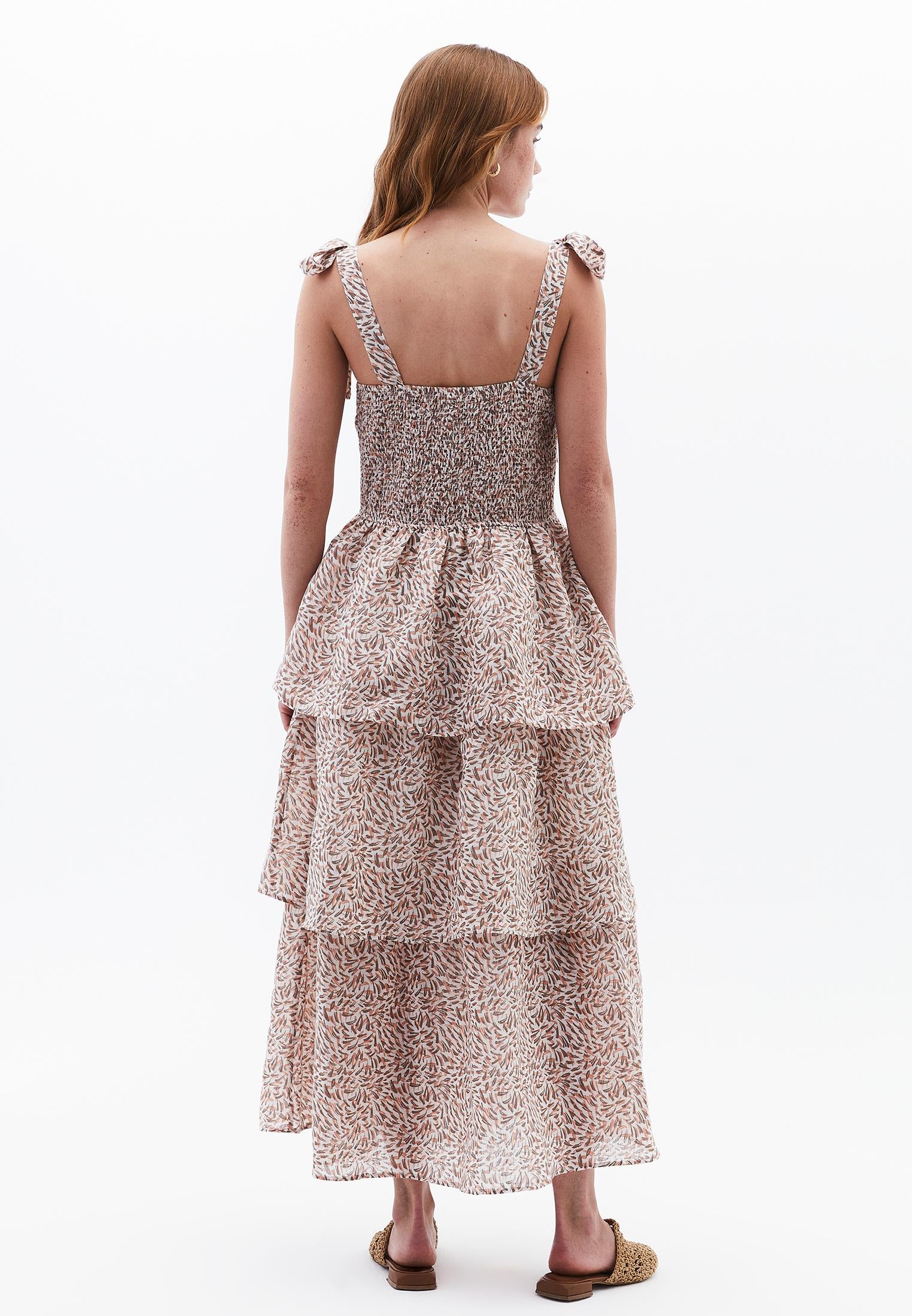 Long Dress With Wide Neck And Smocked Detail - LEAVES COMB