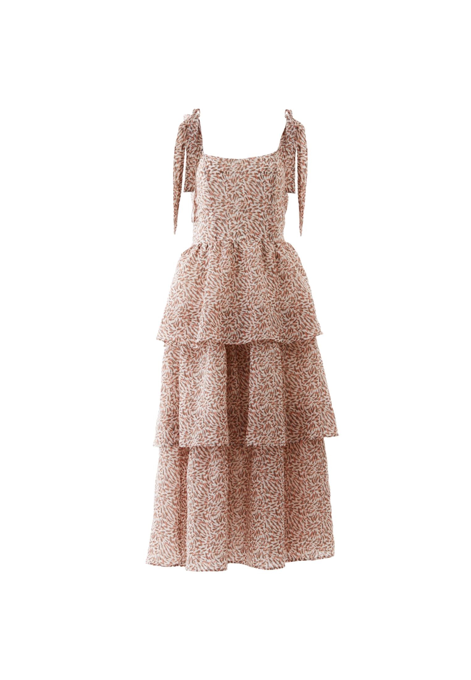 Long Dress With Wide Neck And Smocked Detail - LEAVES COMB