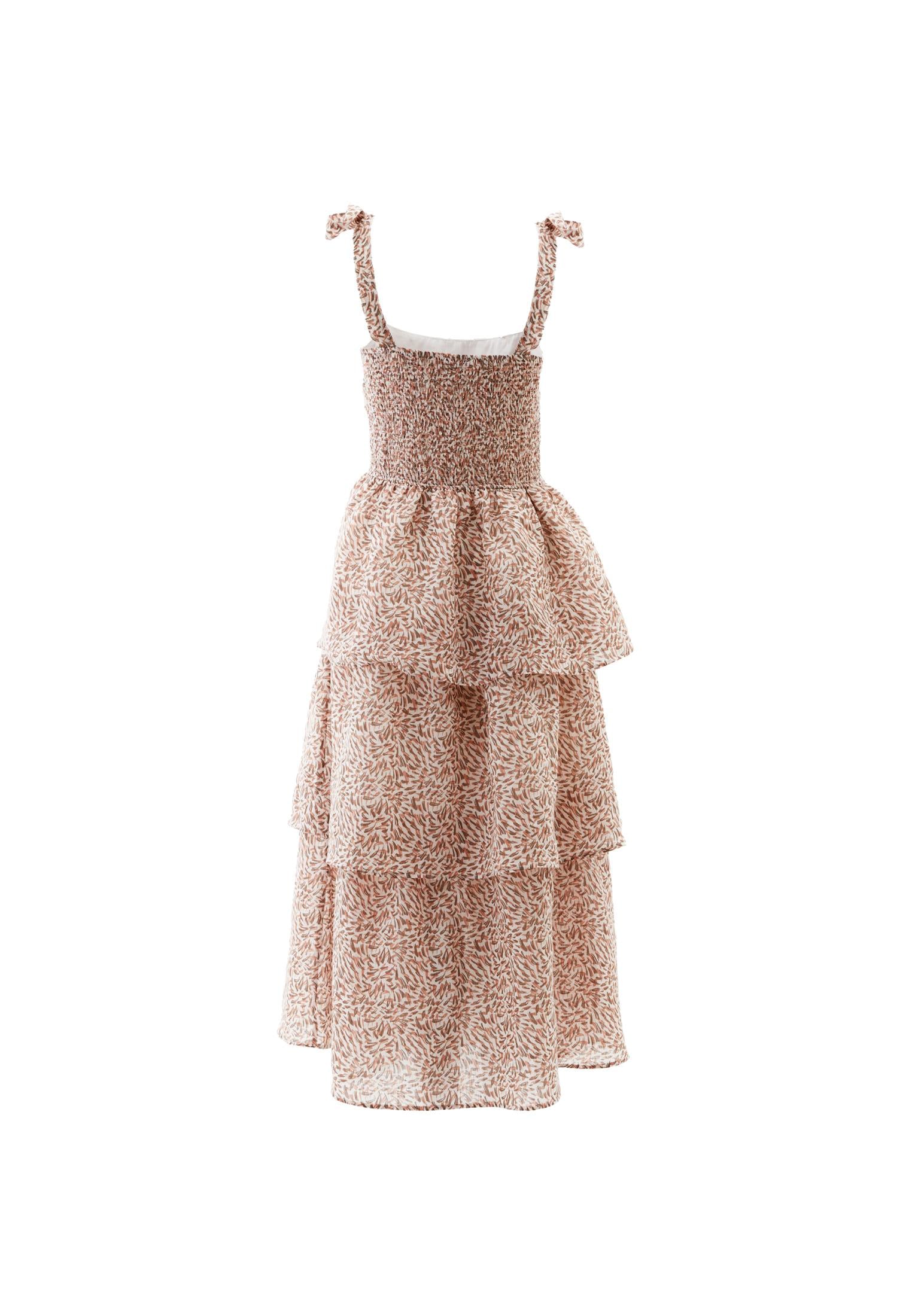 Long Dress With Wide Neck And Smocked Detail - LEAVES COMB