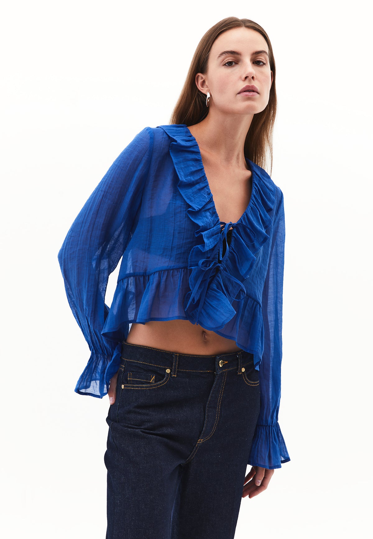 Long Sleeved Ruffled Blouse - Blue