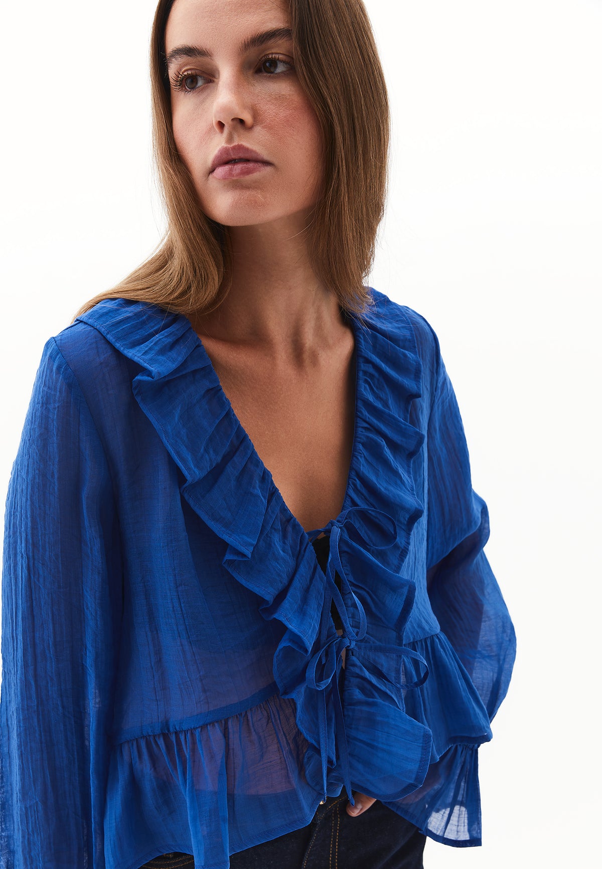 Long Sleeved Ruffled Blouse - Blue