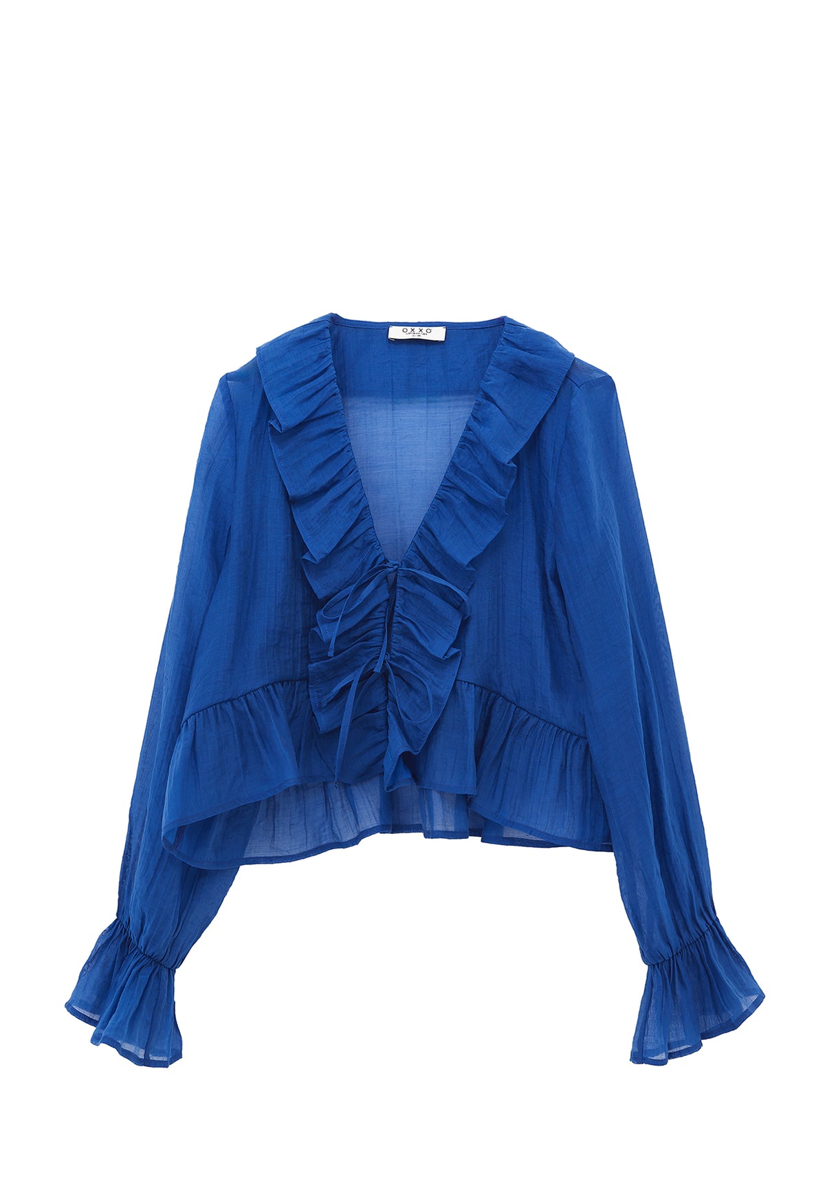 Long Sleeved Ruffled Blouse - Blue