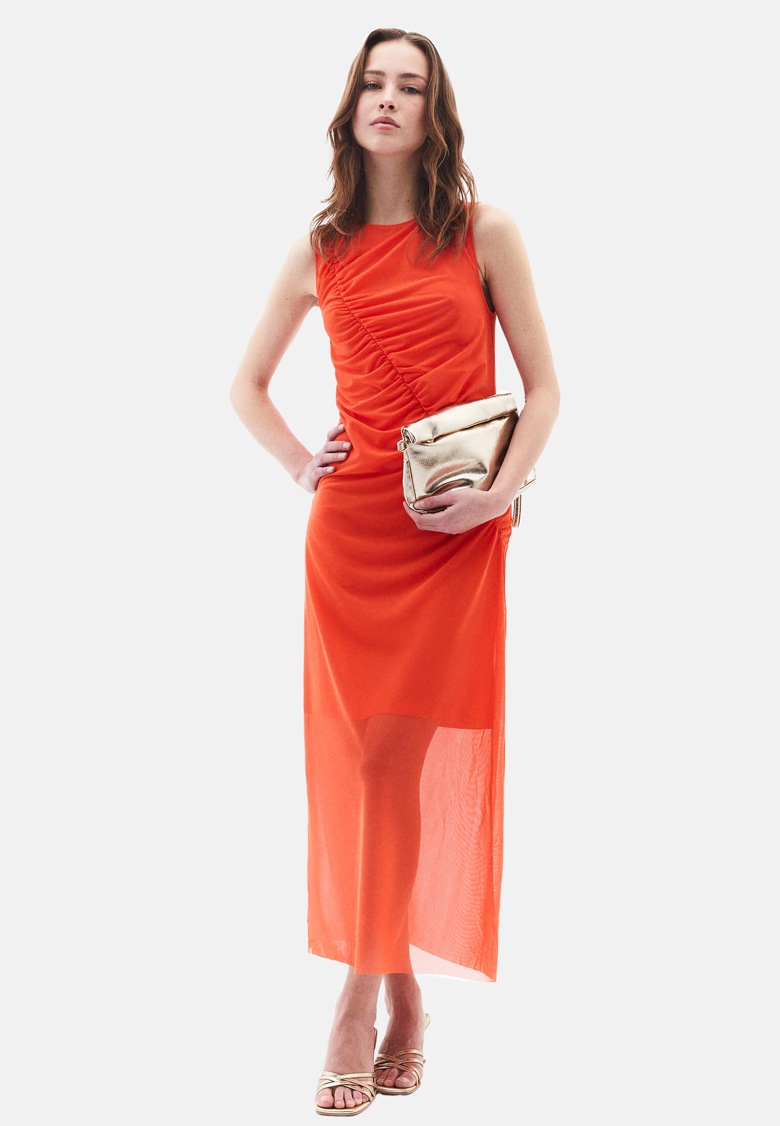 Mesh Long Dress - MANDARIN RED
