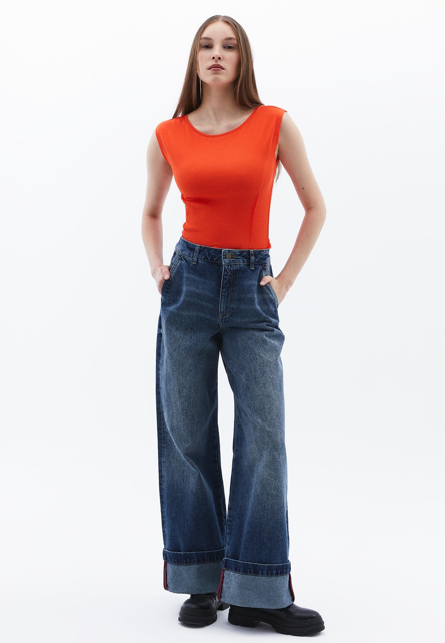 Boat Neck Short Sleeve T-Shirt - MANDARIN RED