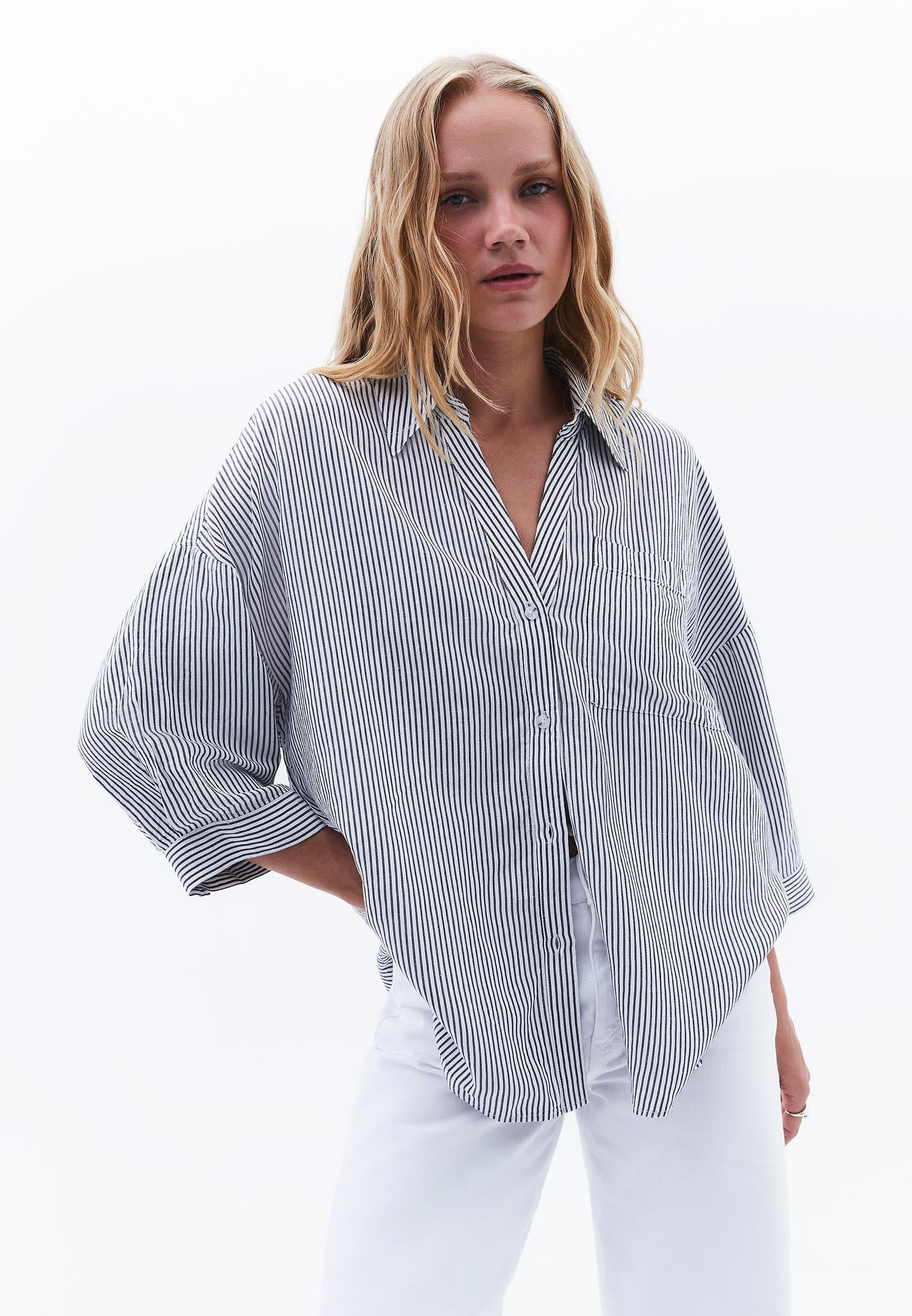 قميص تونيك كتان بقصة فضفاضة - مخطّط بلون منتصف الليل