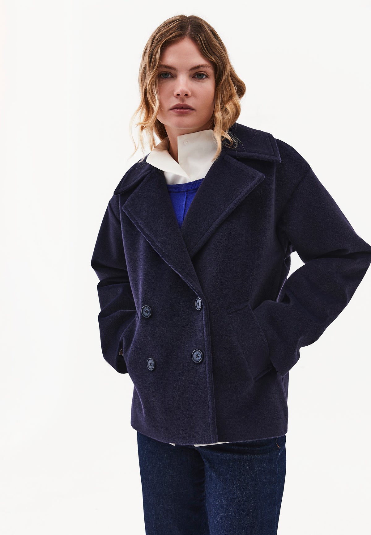 Double-Breasted Collar Button Detailed Coat - Navy Blue