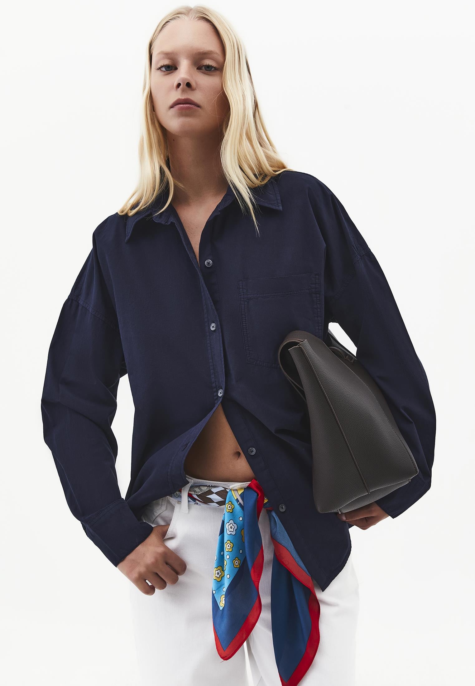 Oversized Long-Sleeve Shirt with Pocket Detail - MIDNIGHT