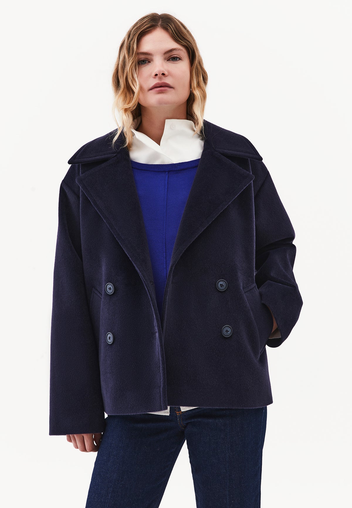 Double-Breasted Collar Button Detailed Coat - Navy Blue