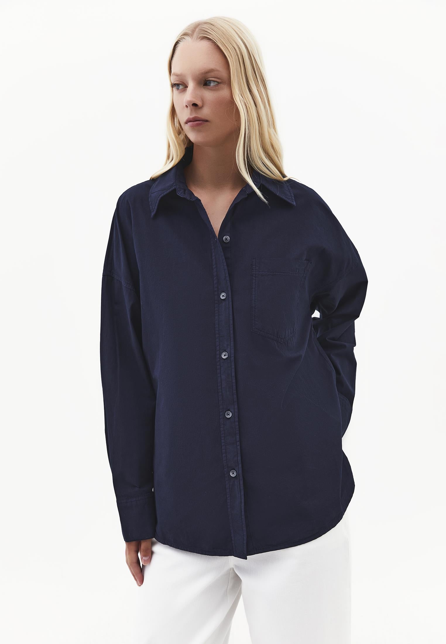 Oversized Long-Sleeve Shirt with Pocket Detail - MIDNIGHT