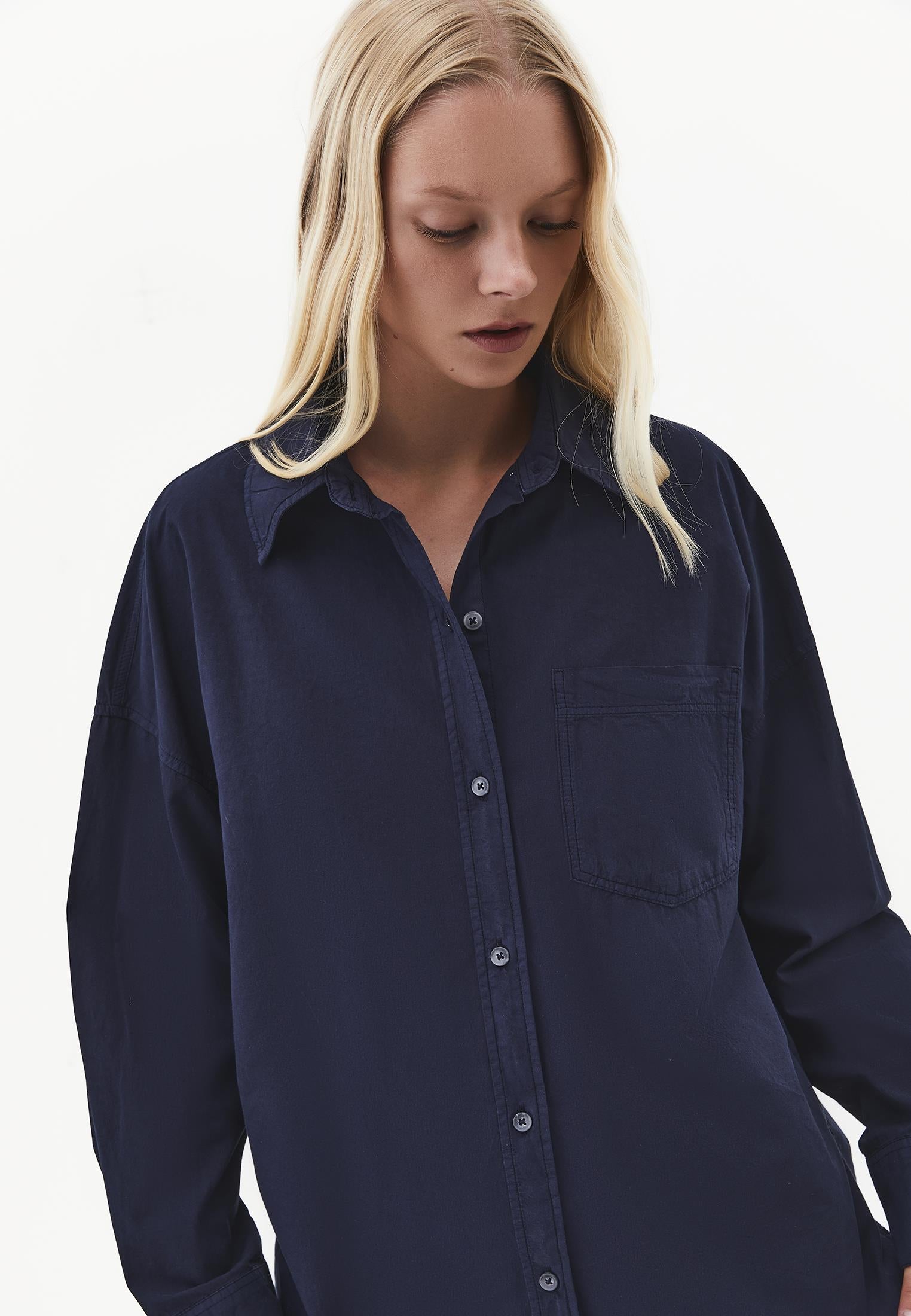 Oversized Long-Sleeve Shirt with Pocket Detail - MIDNIGHT