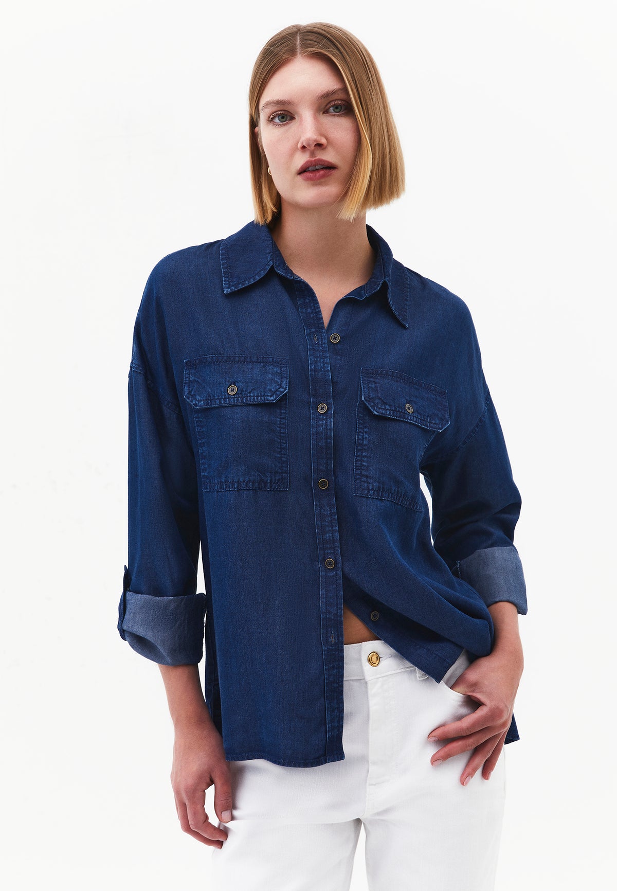 Shirt Collar Long Sleeve Shirt - Blue