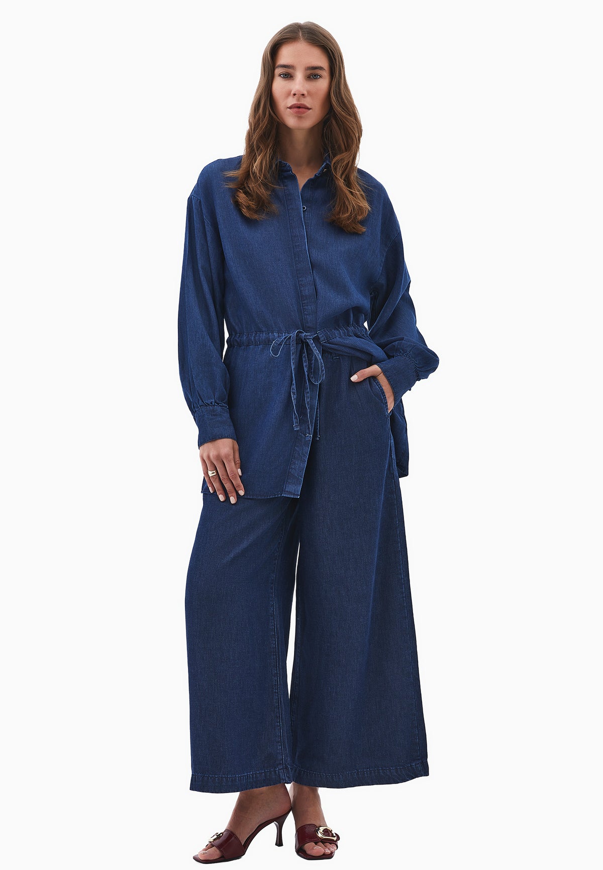 Elastic Waist Wide Leg Denim Pants - Blue