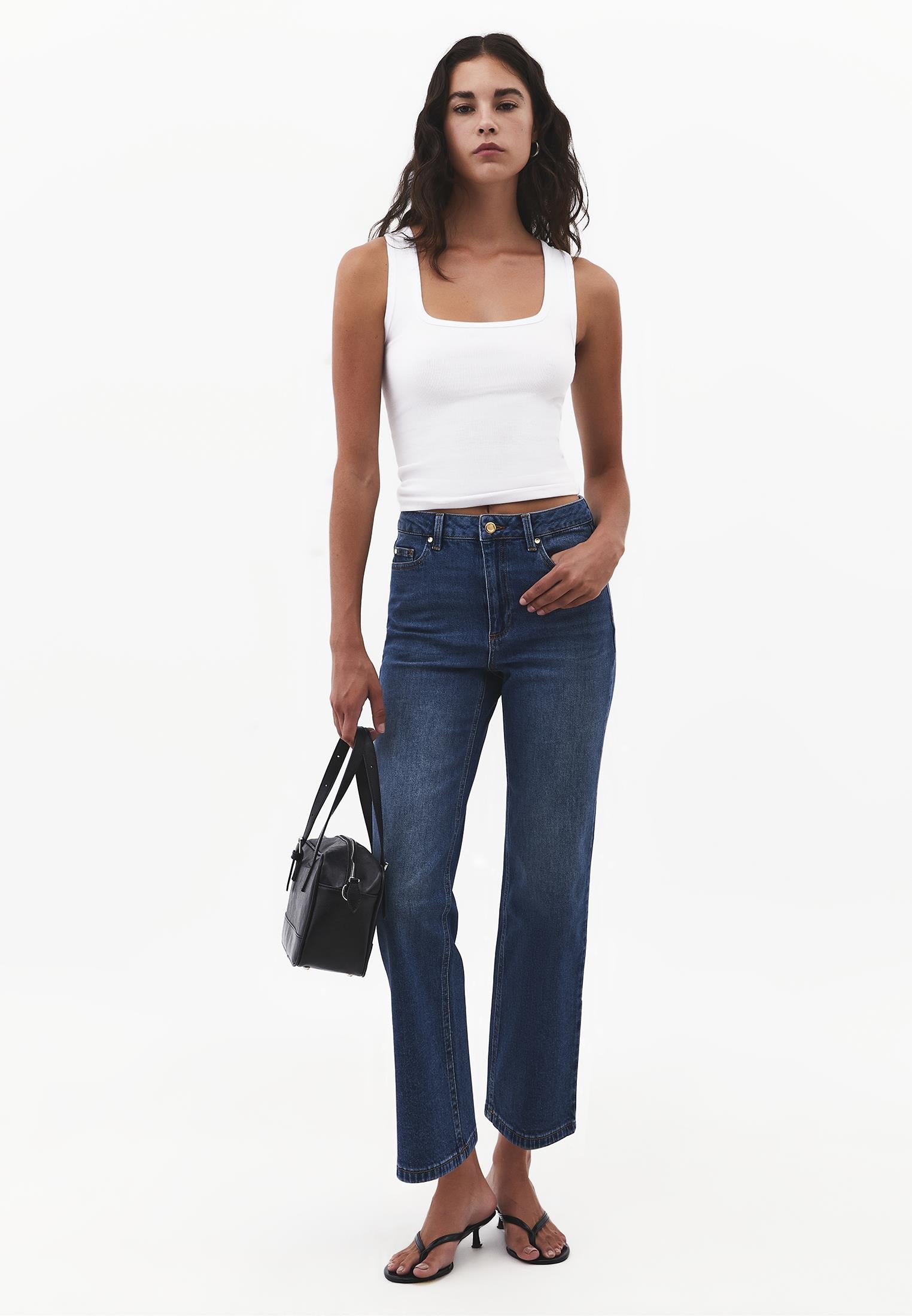 High Waist Straight Trousers With Pocket Detail - MID BLUE DENIM