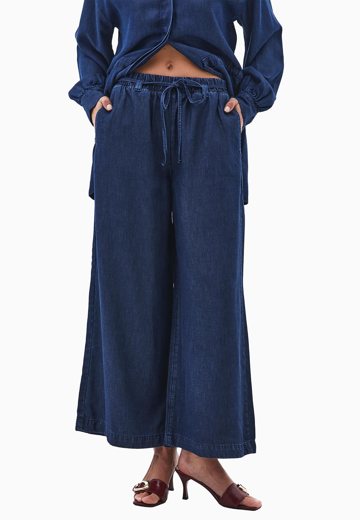 Elastic Waist Wide Leg Denim Pants - MID BLUE DENIM